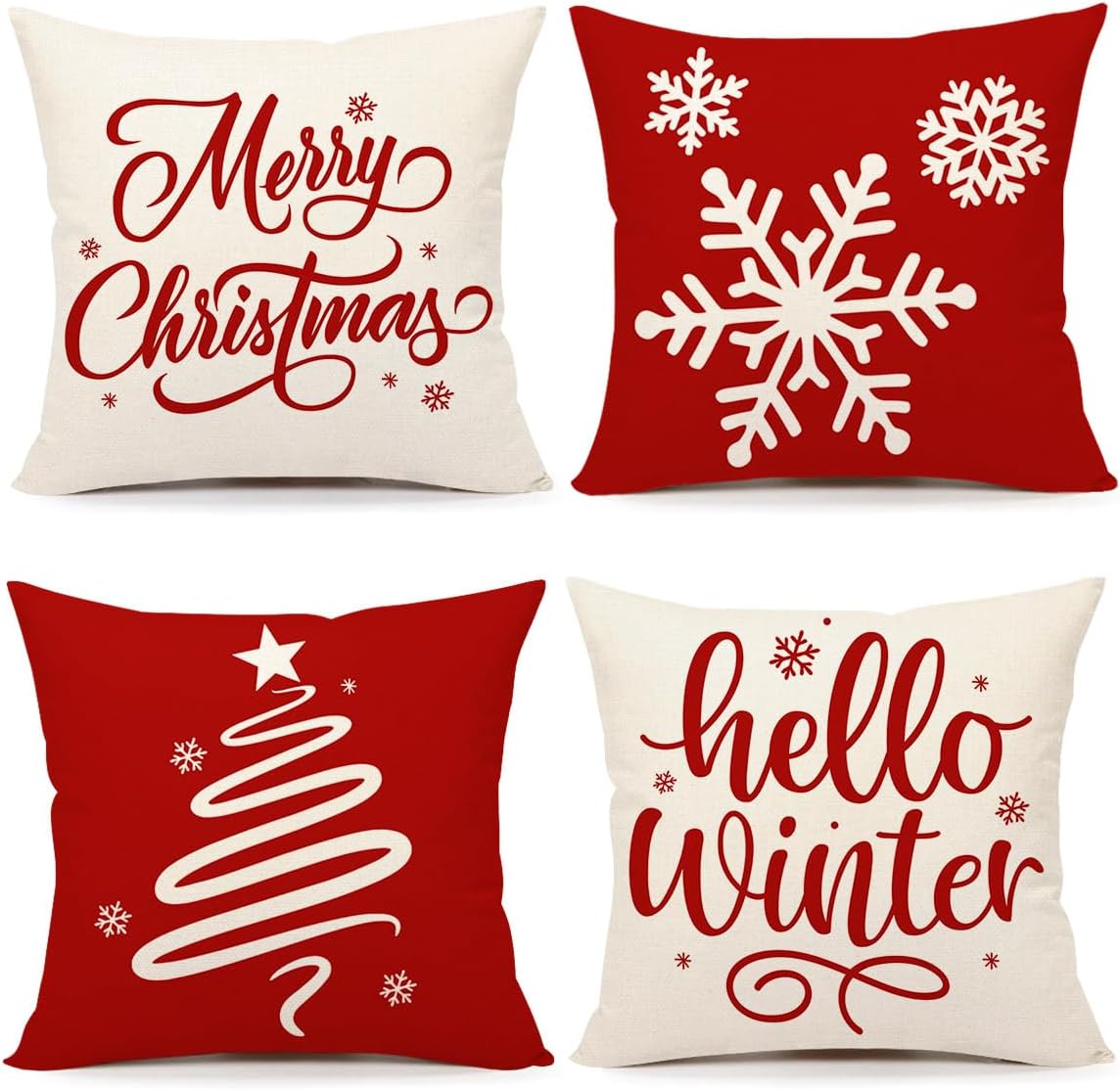 4TH Emotion Red Christmas Pillow Covers 20x20 Set of 4 Farmhouse Xmas Decorations Snowflake Hello Winter Holiday Decor Throw Cushion Case for Home Couch S24C17-20
