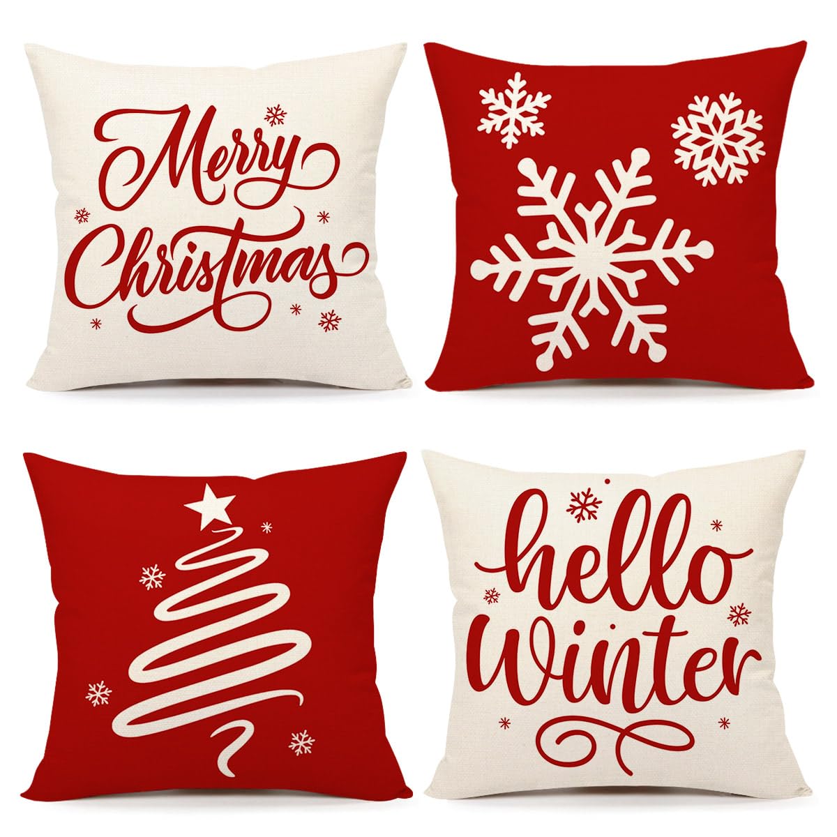 4TH Emotion Red Christmas Pillow Covers 18x18 Set of 4 Farmhouse Xmas Decorations Snowflake Hello Winter Holiday Decor Throw Cushion Case for Home Couch S24C17