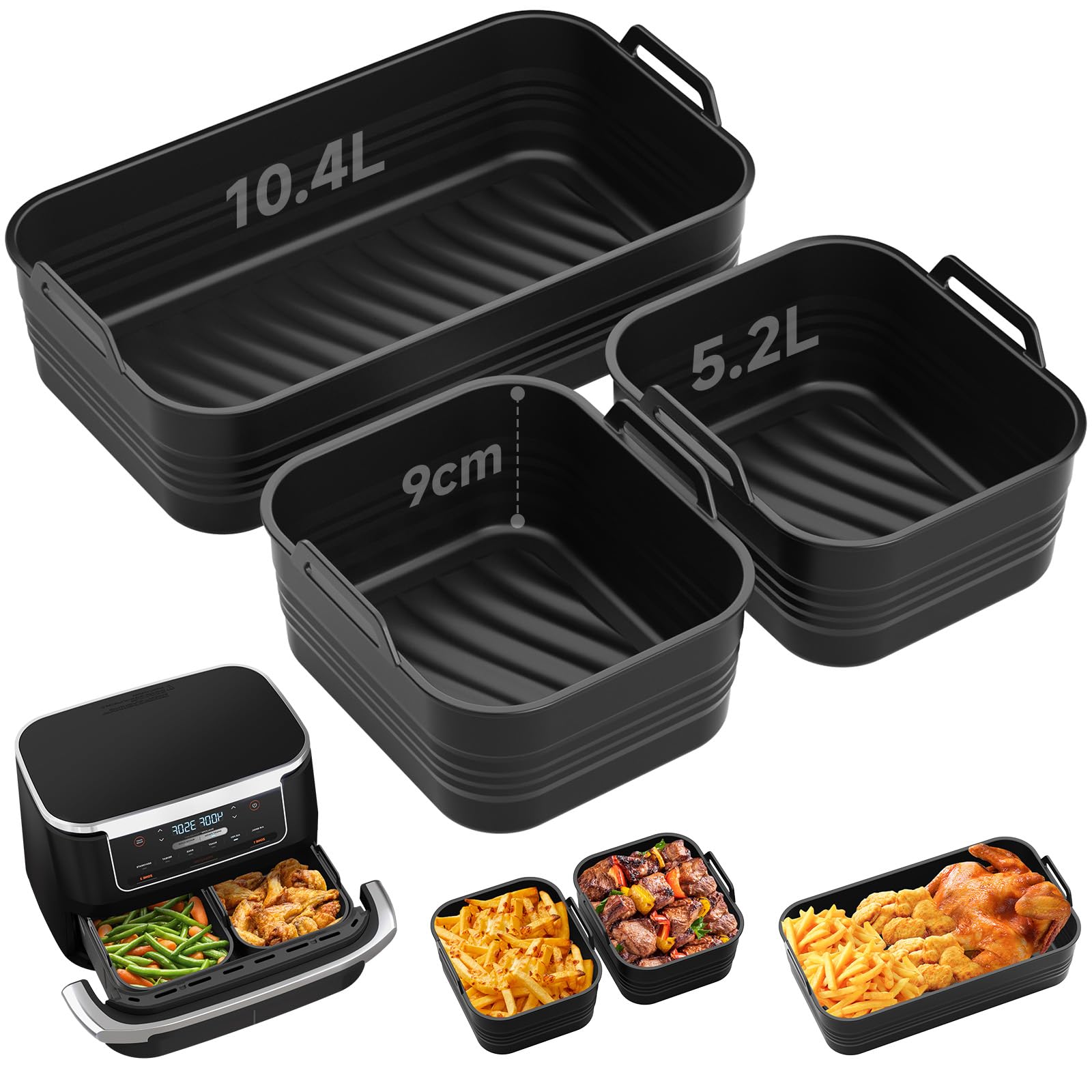 Alyvisun Silicone Air Fryer Liner, 3PCS Airfryer Liners Foldable Baking Trays Reusable Air Fryer Rack Versatile Accessories Baskets Rectangle Inserts for 10L/10.4L Air Fryer (1x10.4 L+2x5.2 L) — image 1