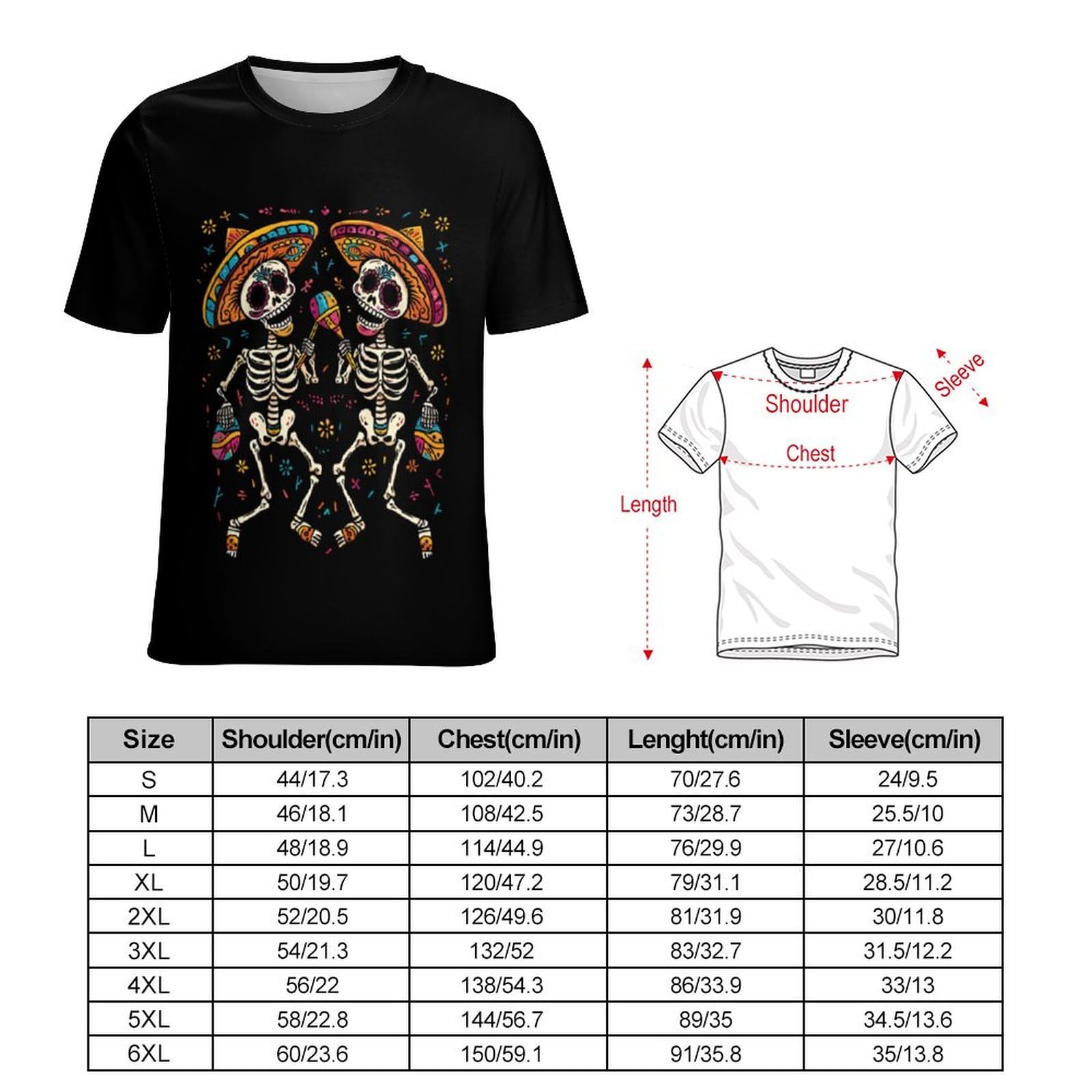 Skull Dancing Dia De Los Muertos Unisex Adult T-Shirts Summer Short Sleeve Tee Casual Tops Funny Graphic M