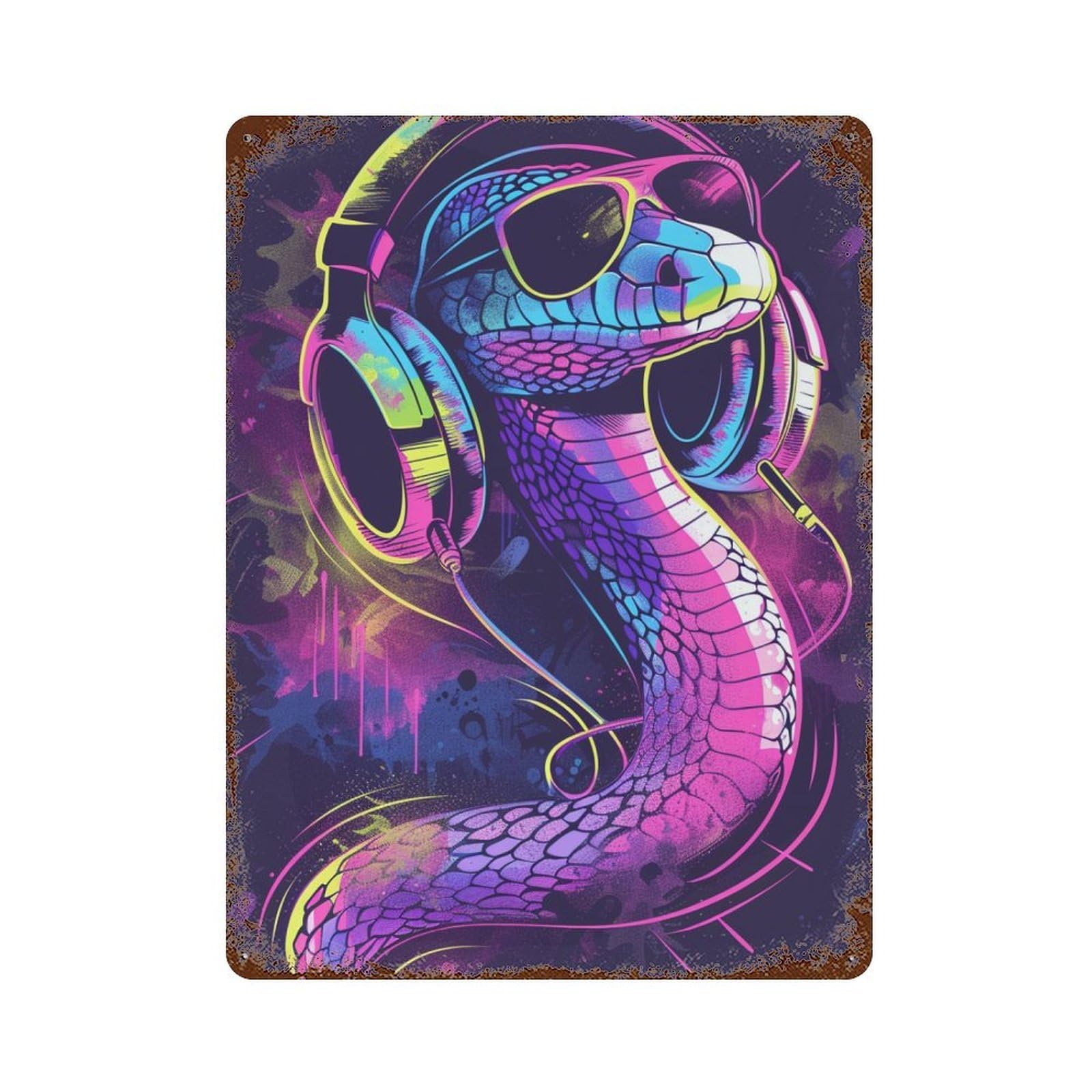 Vintage Rust Metal Sign Neon Snake Headphones Art Print -1 15.7"x11.8", Novelty Wall Decor for Office, Studio And Wall Decor