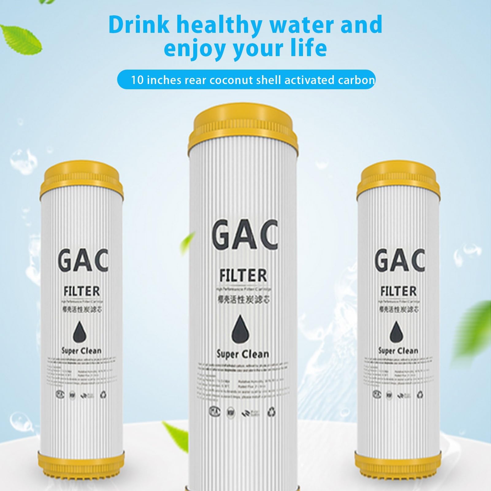 GAC - Cartuccia filtrante per acqua, carbone attivo con guscio di cocco ad alto valore di iodio, set universale T33, per sistema di osmosi inversa sotto il lavandino