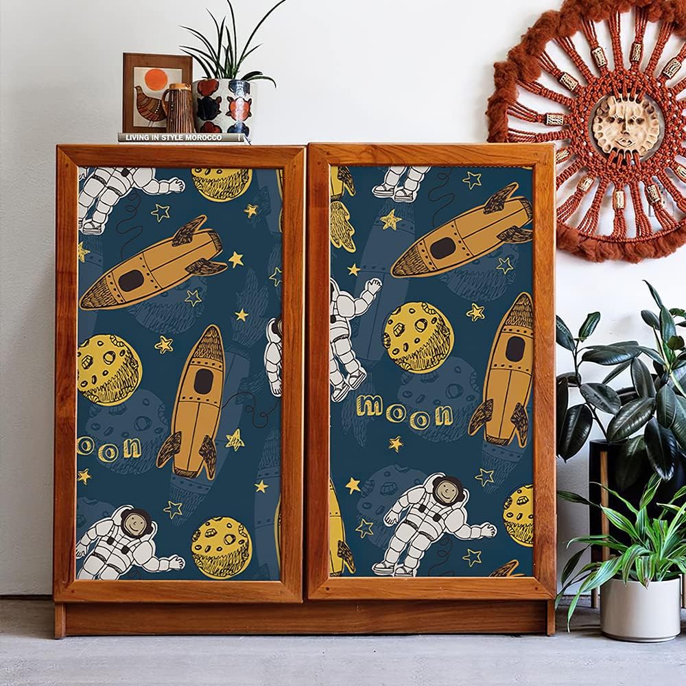 Peel and Stick Space Astronaut Wallpaper for Boys Kids Classroom Nursery Bedroom Decal Self Adhesive Vinyl Planet Rocket Kids Contact Paper Shelf Liner Roll 17.7X117 Inches