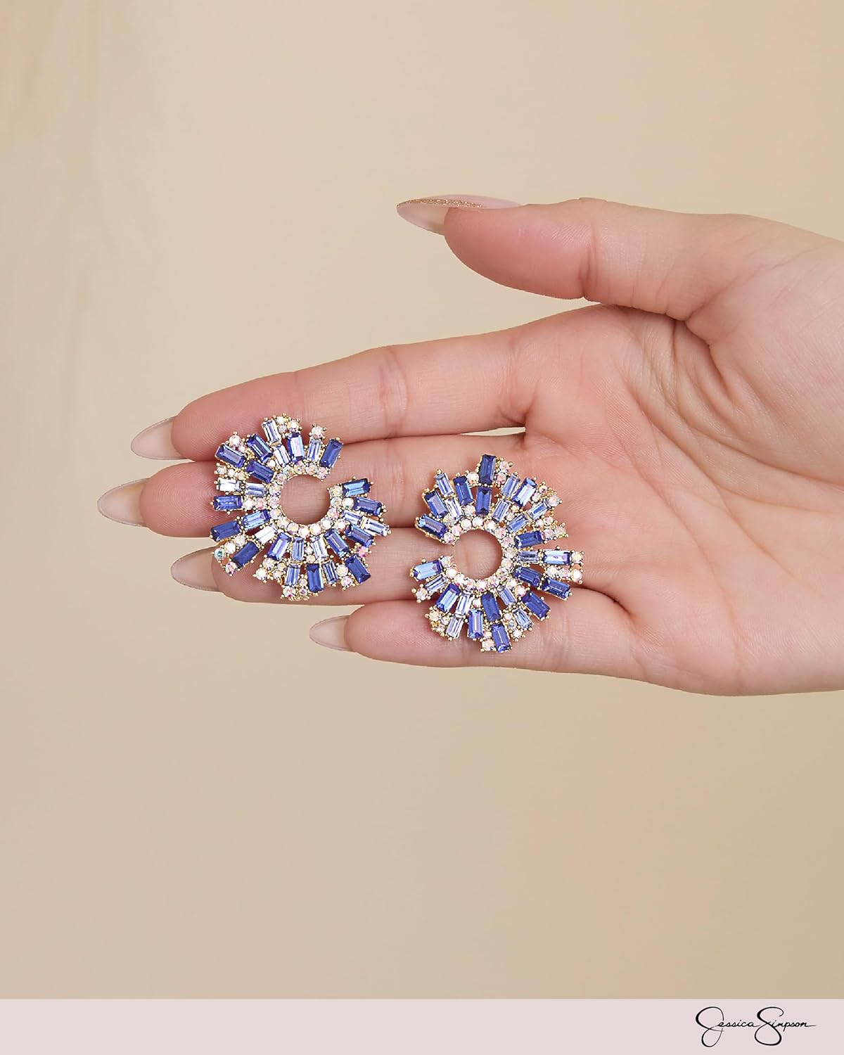 Jessica Simpson Bold Blue Circle Statement Earrings for Women – Gold-Tone Fashion Jewelry with Sparkling Accent Stones - Image 3