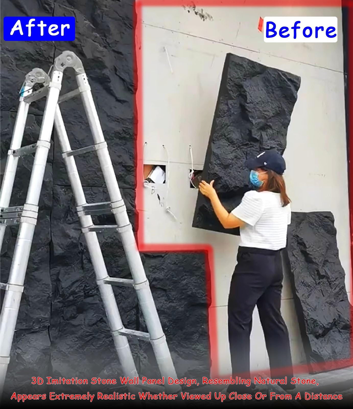 Revestimiento de Pared Moderno con Arte 3D, Revestimiento de Piedra Artificial para Exterior e Interior, Molde Decorativo con Textura de PU Impermeable (Rojo, 1 Unidad)
