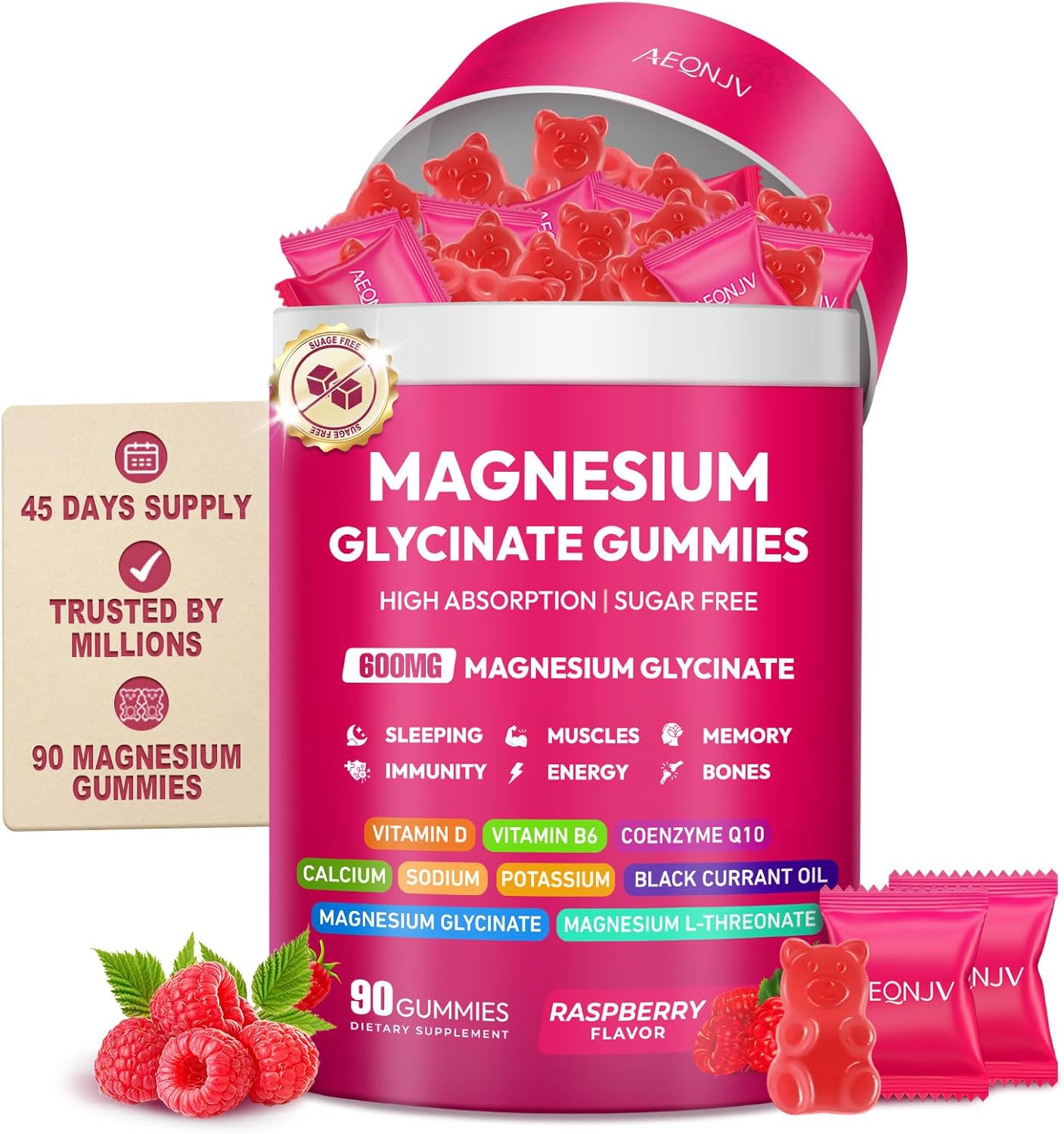 Magnesium Glycinate Gummies 600mg, High Absorption Magnesium Supplement, Sugar Free Chewables Gummies with VitaminD & B6, CQ10 for Adults & Kids, Relax, Muscle & Zzz Support