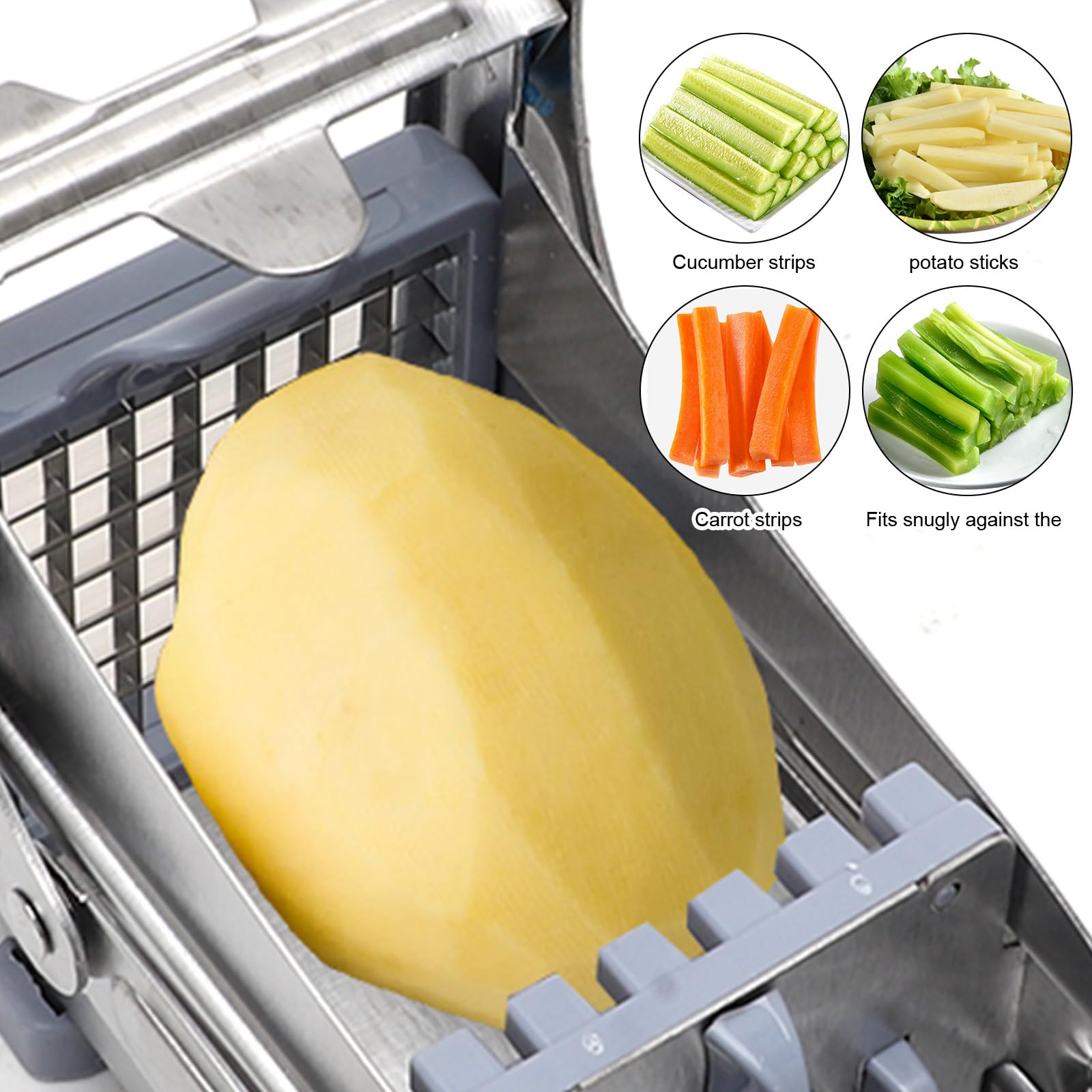 CEWROM Pommesschneider Edelstahl, Kartoffelschneider Scheiben mit 2 Klingengrößen, Kartoffelschneider für hausgemachte Pommes, Pommesschneider Edelstahl mit Rutschfester Saugtechnologie