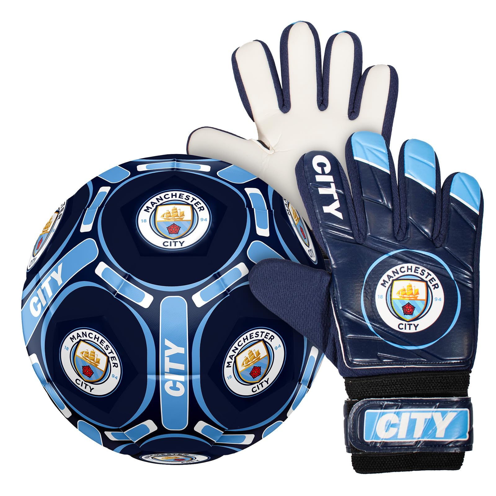 Manchester City F.C. Manchester City FC Official Size 4 Football & Boys Goalkeeper Gloves Gift Set, Sky Blue, Boys: 5-10yrs