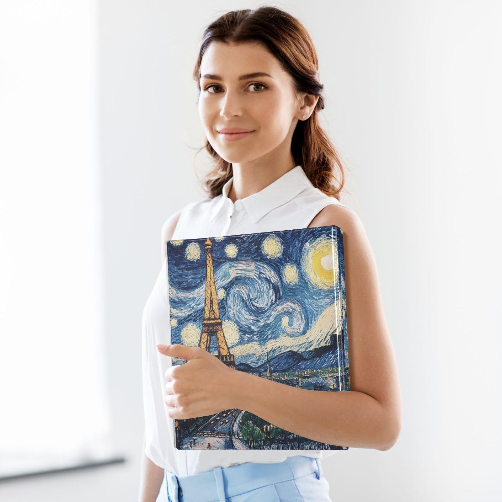 Confezione da 2 raccoglitori ad anelli, motivo Parigi Eiffel, notte stellata, con portablocco, grandi raccoglitori a 3 anelli, per scuola, università, ufficio