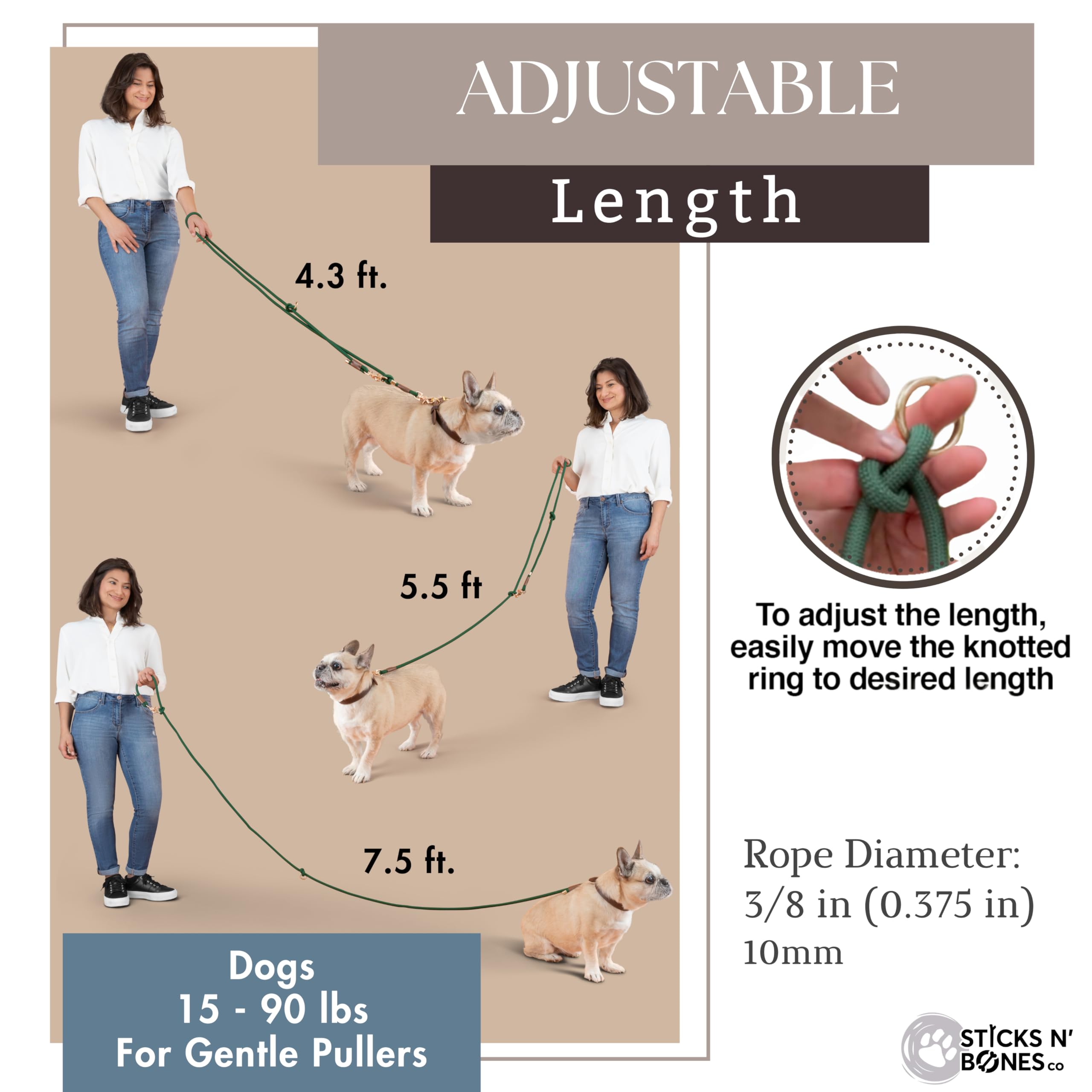 Sticks N' Bones co Laisse mains libres pour chien 6 en 1, réglable, robuste, taille S, M, L, 2 chiens, laisse pour promener le chien, course à pied, laisse de dressage de chiot, longueur plus courte