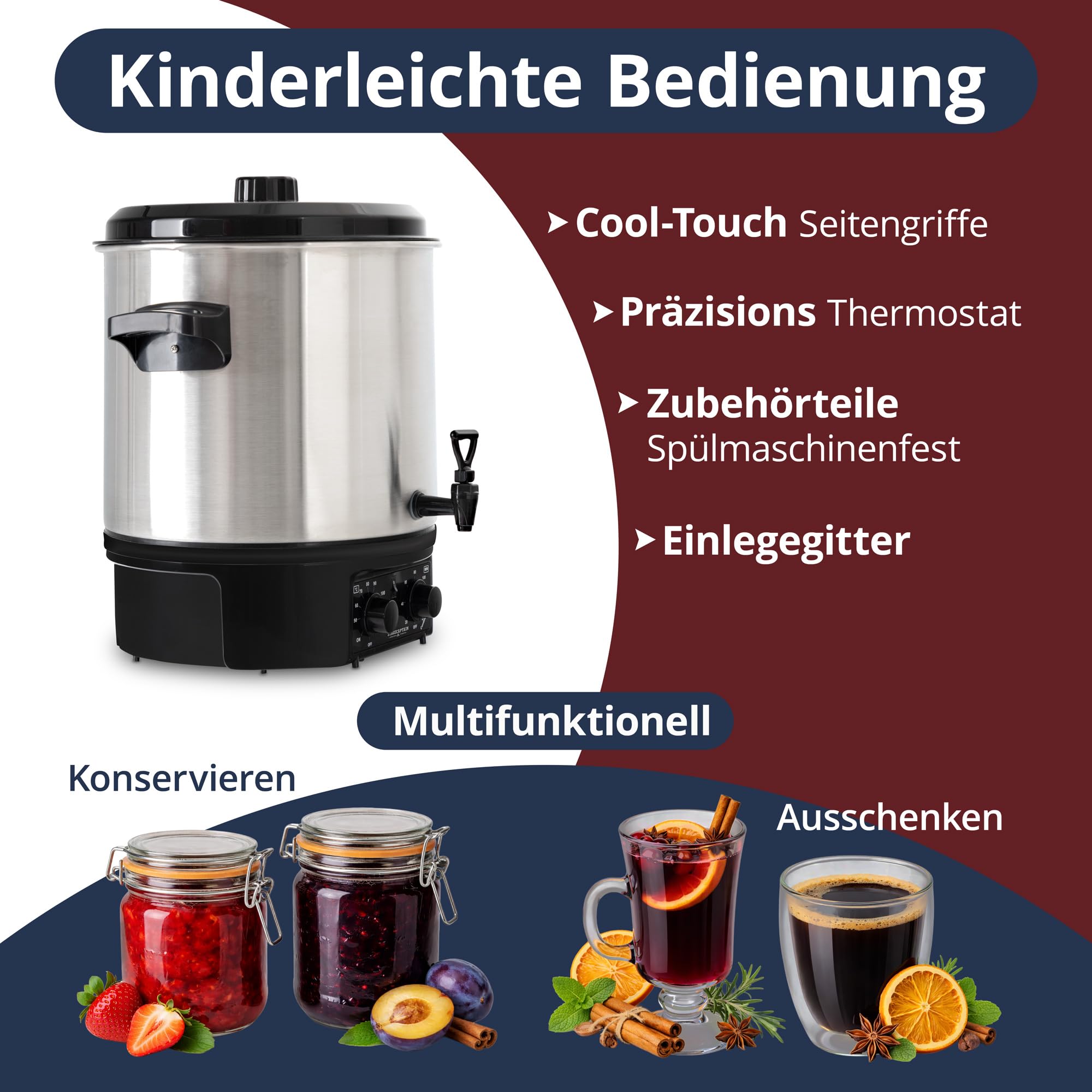 Stagecaptain GWK-27A Glühweinkocher - Einkochautomat mit 27 Liter - 2000 Watt - Gebürsteter Edelstahl - Einfache Bedienung (Temperatur und Zeitschaltuhr) - Abschaltautomatik - Silber