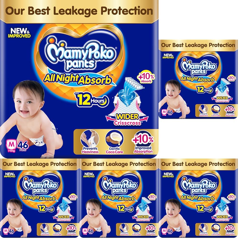 New Mamypoko Pants Premium All Night Absorb| Pant Style Baby Diapers Medium Size(M), 46 Count, Ideal for 7-12Kgs|1 Diaper: Upto All Night Absorption now with 10% increased power|Wider Crisscross Sheet|Gentle Coco Care| 12hr Leakage Protection| Prevents Heaviness.-image-39