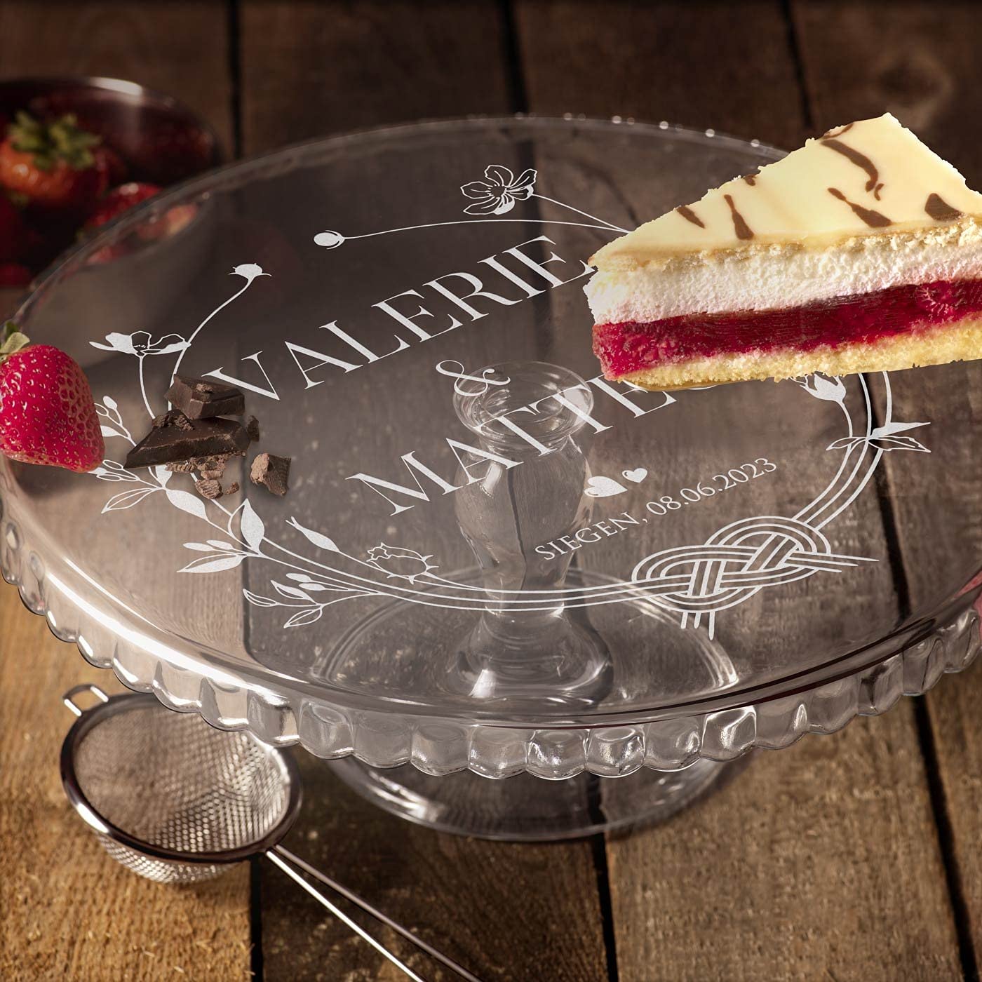 Maverton Kuchenplatte mit Gravur, personalisiert, Tortenständer mit Fuß