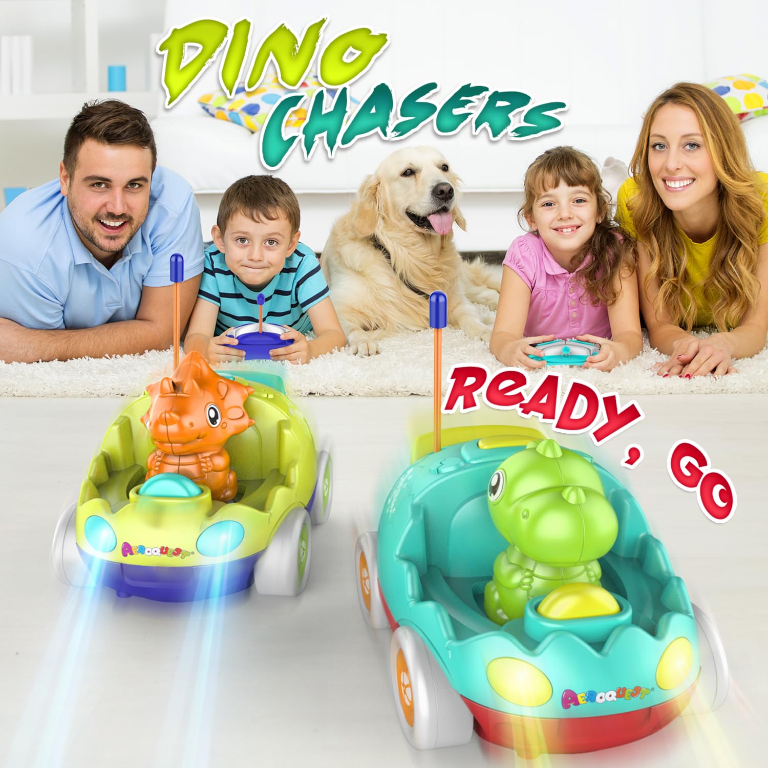 AEROQUEST Remote Control Car for Toddlers Toddler Toys for 18+Months RC Cars with LED Lights & Music Dinosaur Toy for Kids 2 3 4 5 Years Old Birthday Gifts for 3+ Year Old Girls Boys -2 Pack