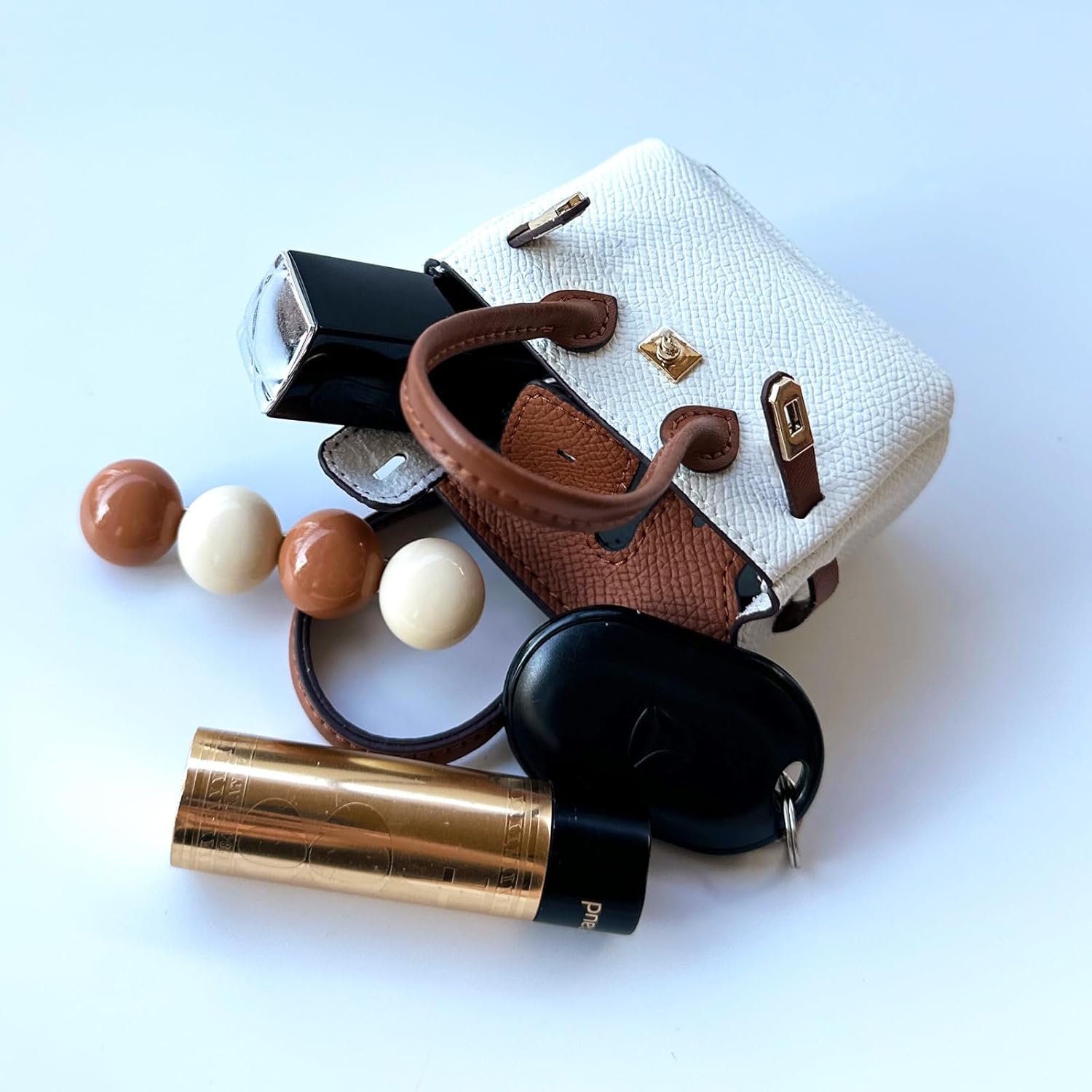 Women's cute keychain lipstick bag? imitation leather bag accessories, handbags, purse charm mini bag chaaccessories Brown and White