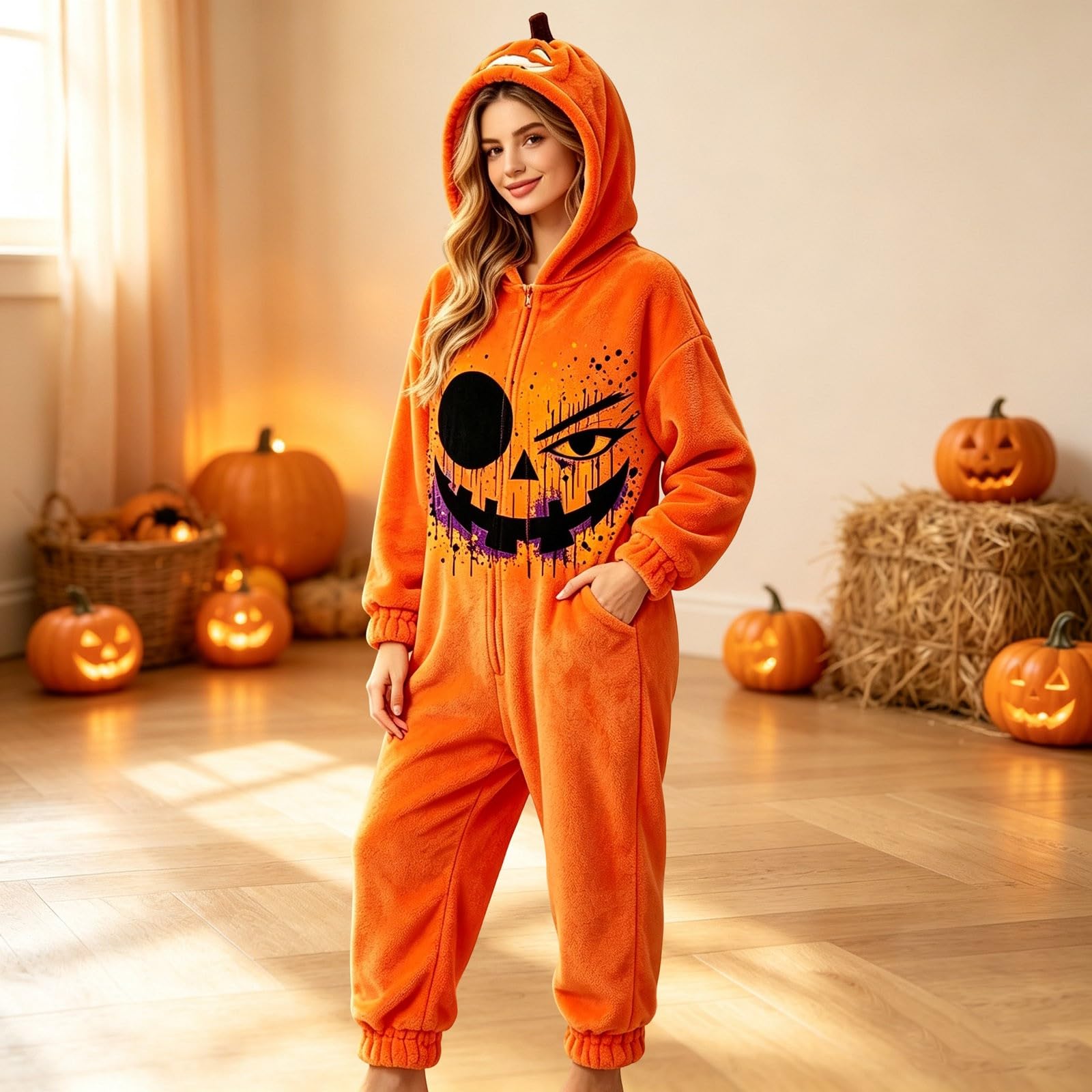 Pigiama intero da donna e uomo, unisex, per Halloween, a forma di zucca, in pile, divertente, per dormire, per carnevale