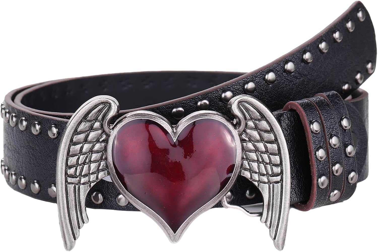 Heart Wing Studded Belt, Punk Gothic PU Leather Waist Belt with Vintage Enamel Buckle Y2k Rock Emo Grunge Jean Belt