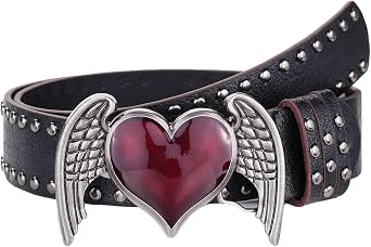 Heart Wing Studded Belt, Punk Gothic PU Leather Waist Belt with Vintage Enamel Buckle Y2k Rock Emo Grunge Jean Belt