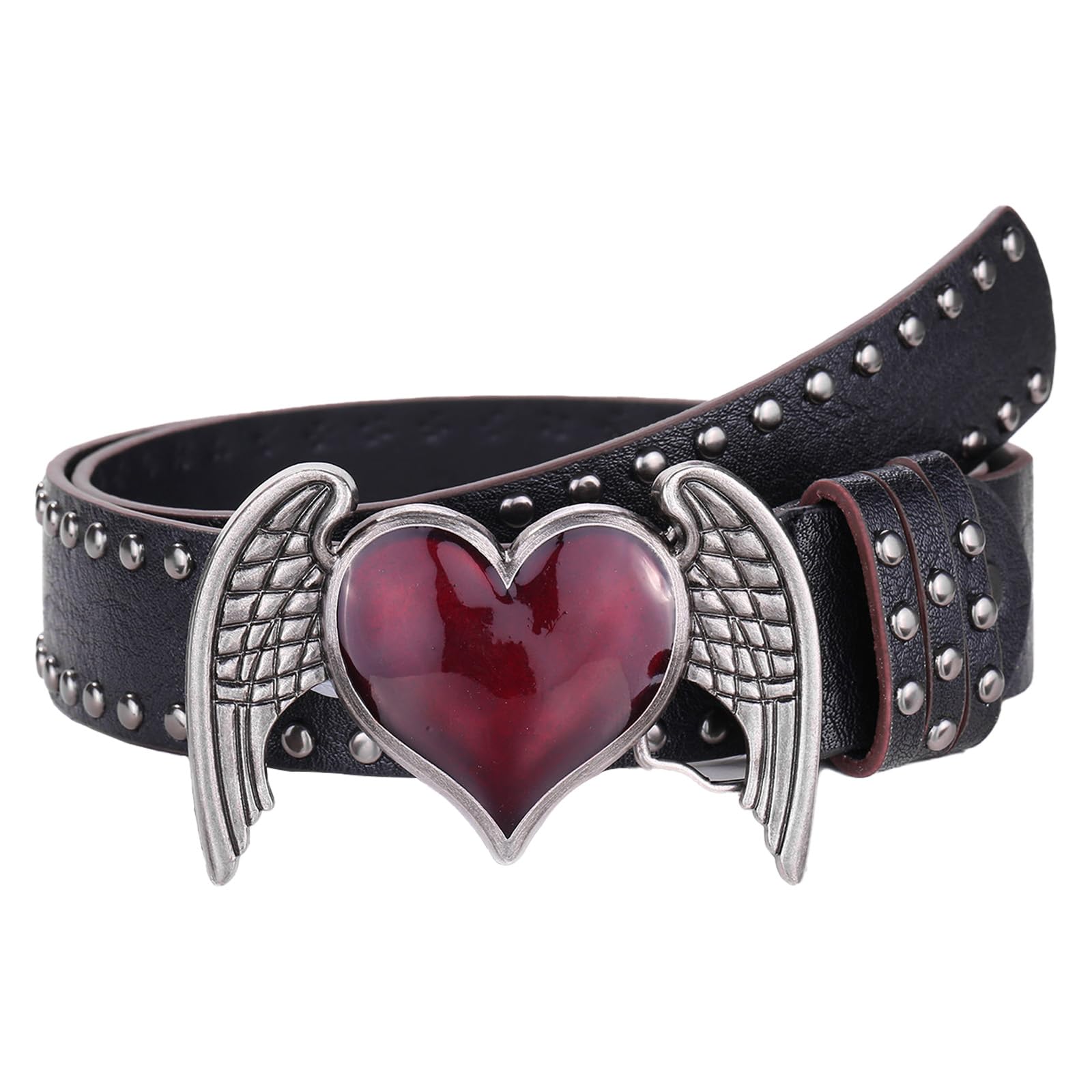 FAYZSOWSR Heart Wing Studded Belt, Punk Gothic PU Leather Waist Belt with Vintage Enamel Buckle Y2k Rock Emo Grunge Jean Belt, Black, 105cm / 41.3inch