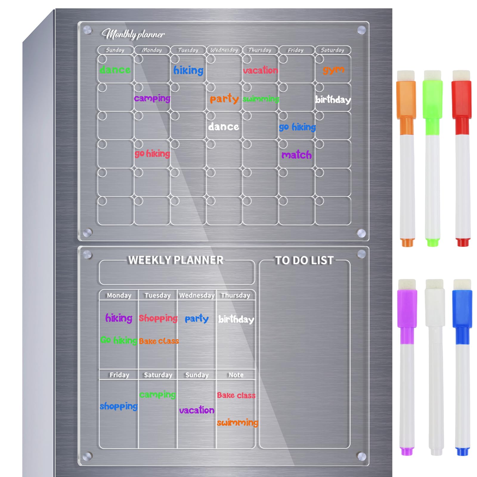 2 Packs Magnetic Dry Erase Calendar Whiteboard Set for Refrigerator, Wall, and Fridge Organization with Monthly, Weekly, Comes with 6 Markers