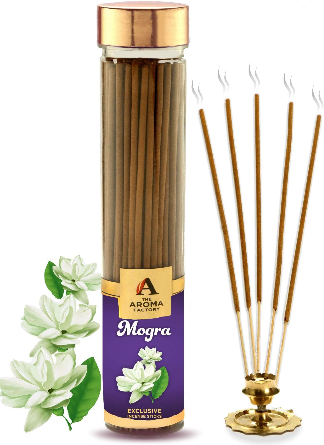 The Aroma Factory Organic Mogra Agarbatti for Pooja, No Charcoal Incense Sticks,100% Herbal Fragrance Agarbathi, (Bottle Pack of 1x100g)