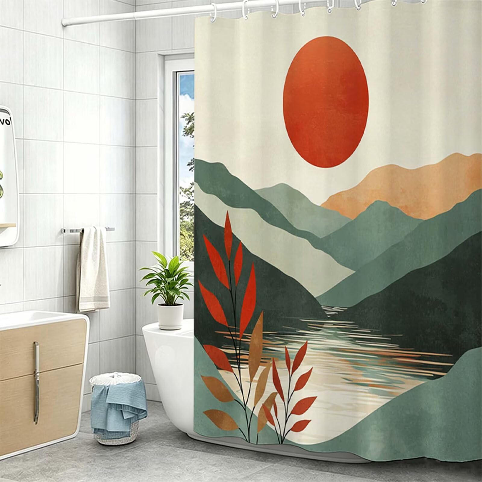 Tenda Doccia in Poliestere blu,Tende per Doccia Extra Lunga 230x180cm,Tramonto Tenda Vasca da Bagno Tessuto Lavabile,Impermeabile e Facile da Pulire,con 12 Ganci,Decorazione per Bagno,Hotel Z-168