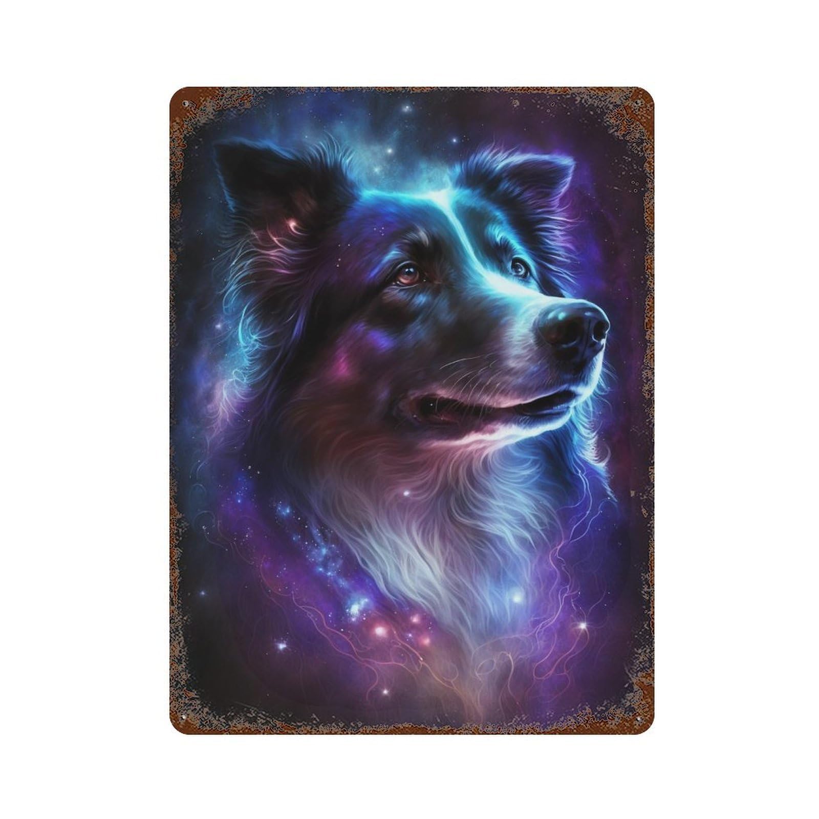 Distressed Metal Wall Sign with Cosmic Wolf Art Print-1 Design 15.7"x11.8", for Cafe, Home Bar And Lounge Decor, Retro Wall Decor
