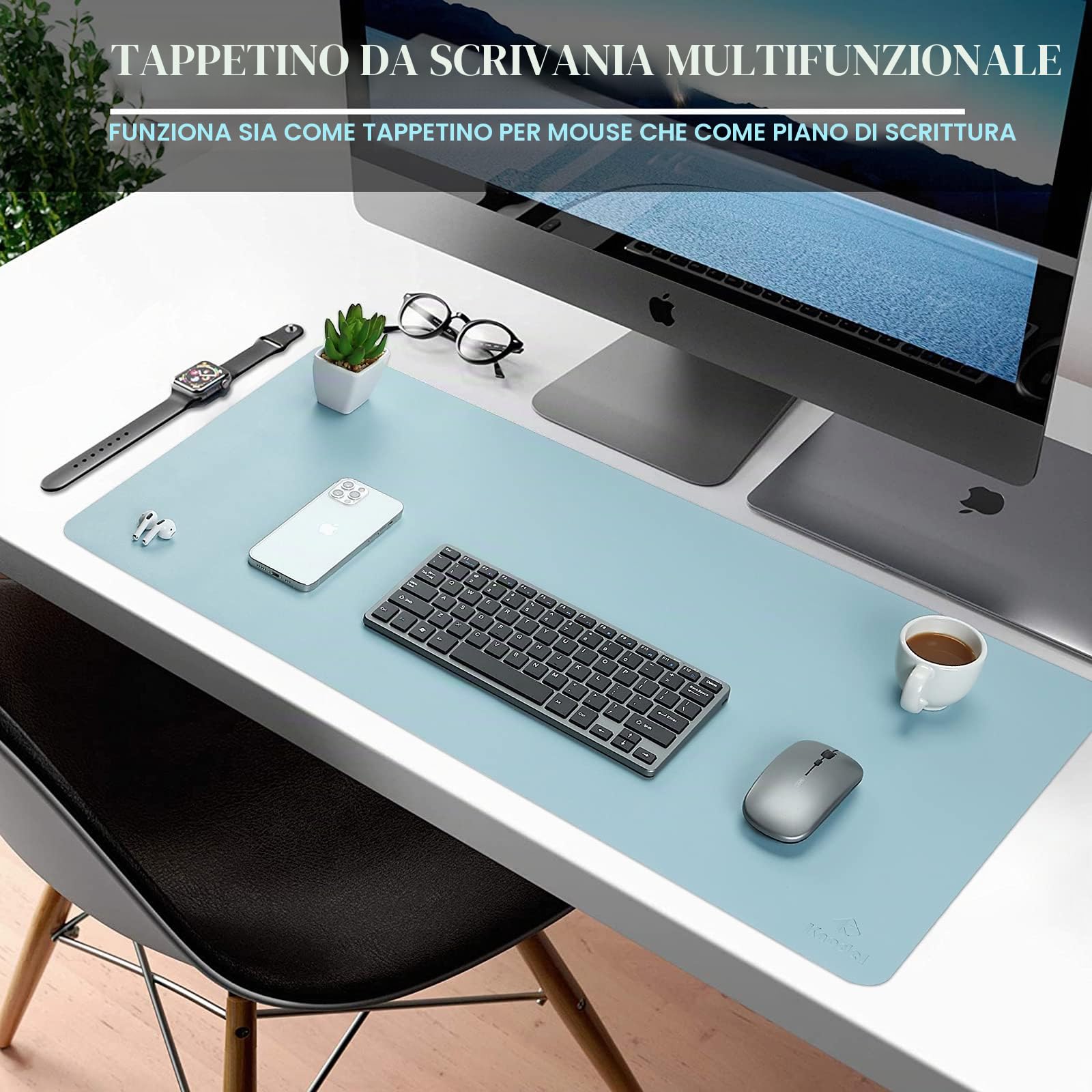 Knodel Tappetino Scrivania 80x40cm Similpelle PU Doppia Facciata Azzurro