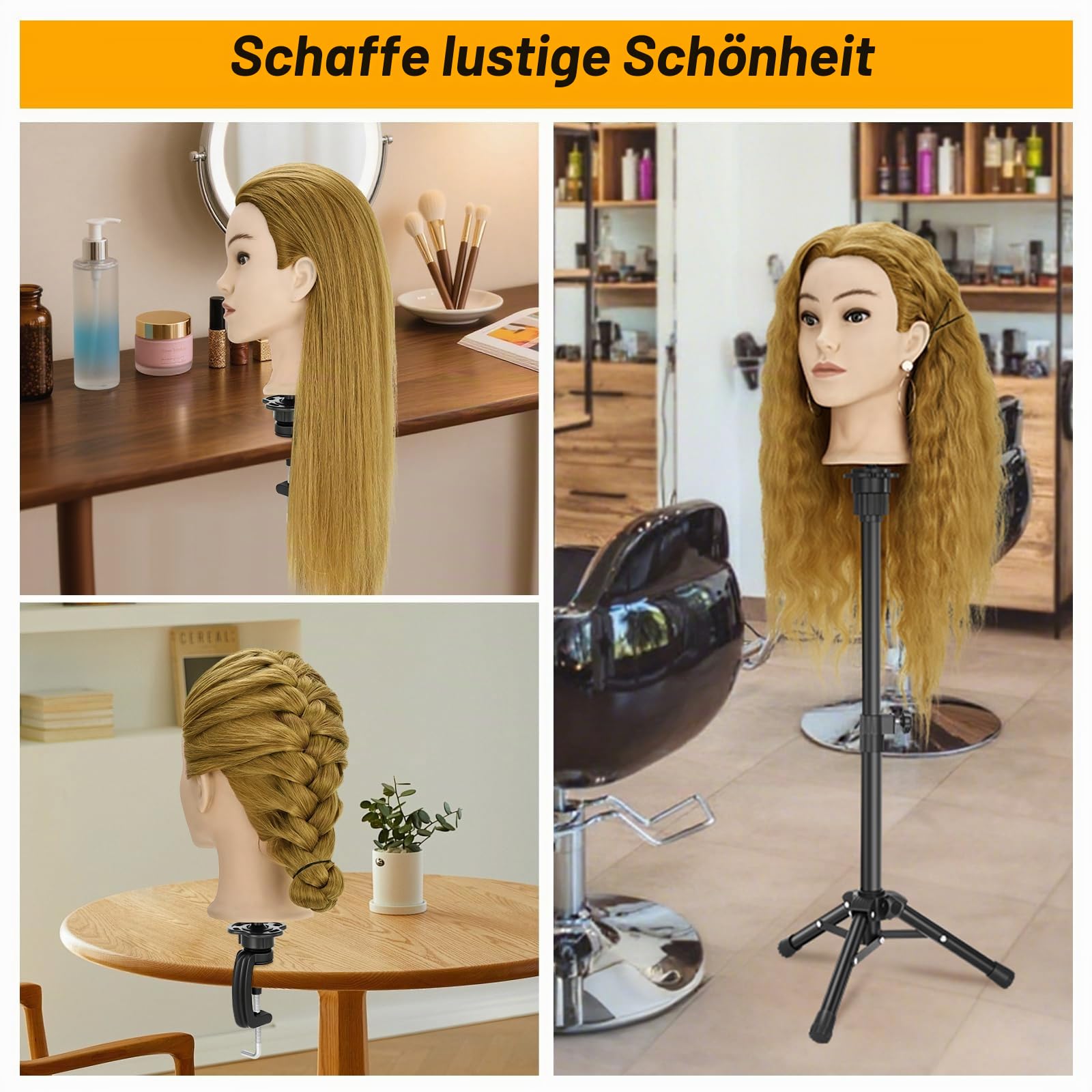 Frisierkopf Echthaar mit Stativ, Trainingskopf mit 90% Echthaar 61cm/24inch, Schaufensterpuppe Kopf Übungskopf, Frisieren Kosmetologie Puppe Kopf mit Tischklemme Halter und Friseur-Werkzeug-Set