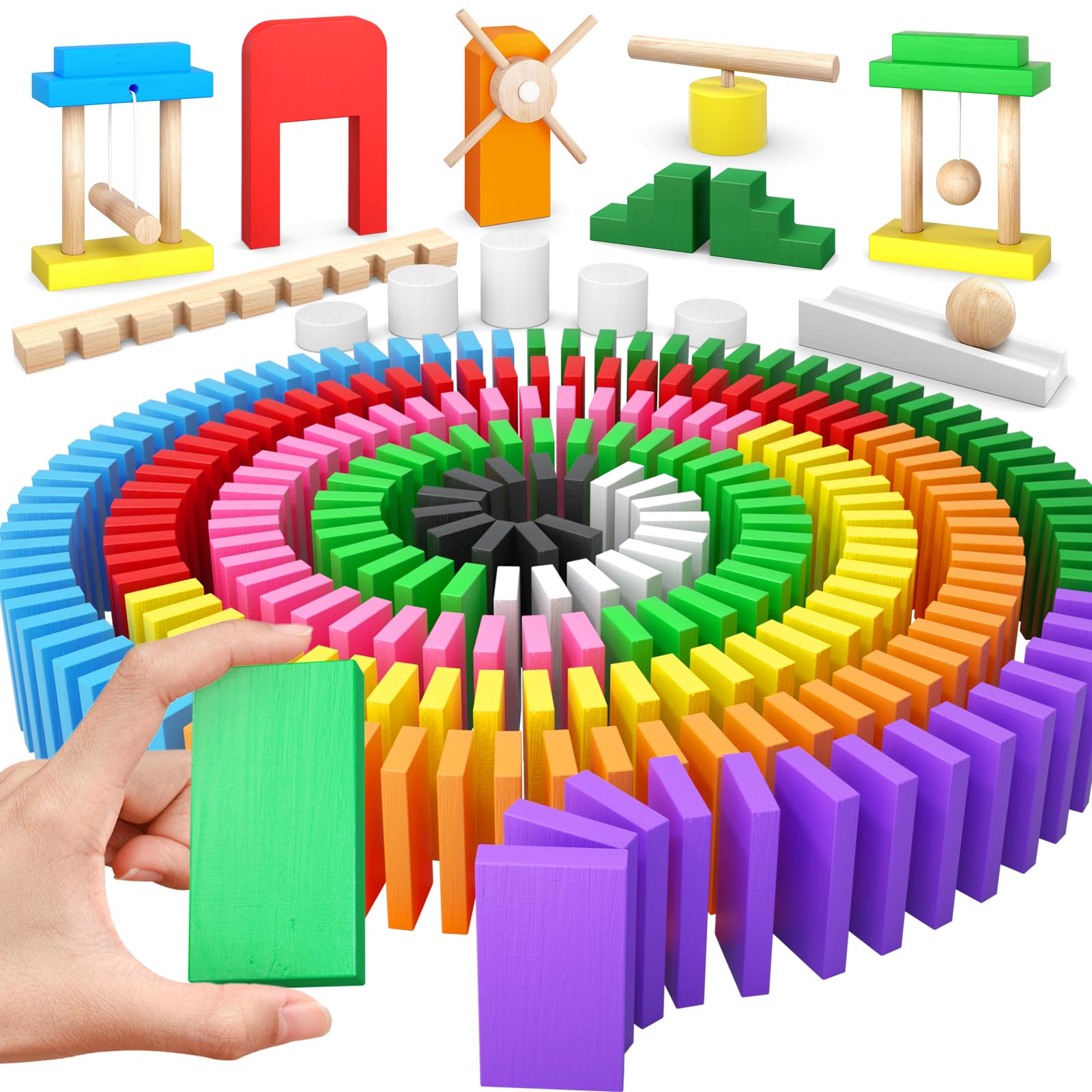 PEBIRA Large Dominoes for Kids, Wooden Dominos Set Include 200 PCS Colorful Domino Blocks, 10 Add-on Tricks and 1 Storage Bag, Bulk Building Dominoes, Kits Gift for Boys Girls Adult