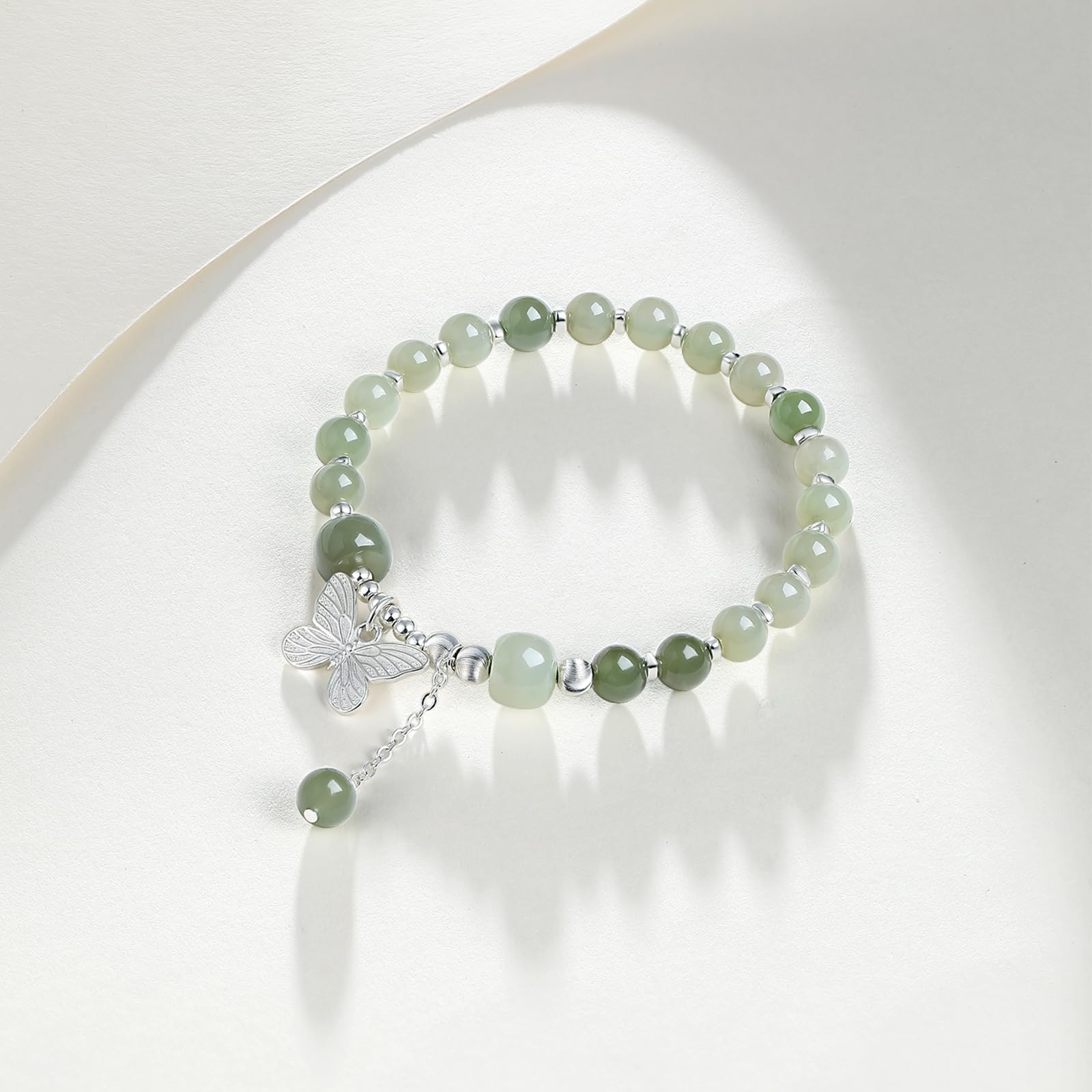 Pulseras de Cuentas de Plata esterlina para Mujeres S925 Silver Green Gemstone Bead Butterfly Pulsera estirle de Mariposa Mom cumpleaños