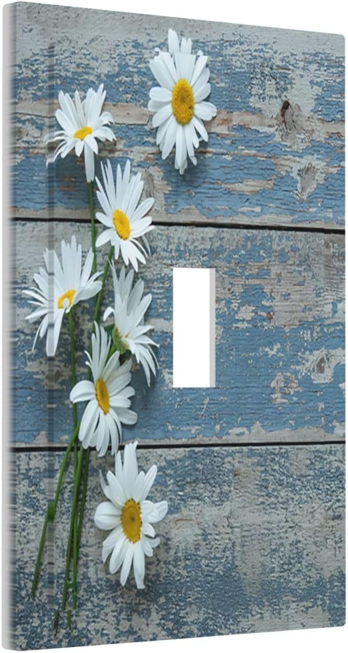 Rustic Daisy Floral Blue Wood Light Switch Cover Decorative image 2