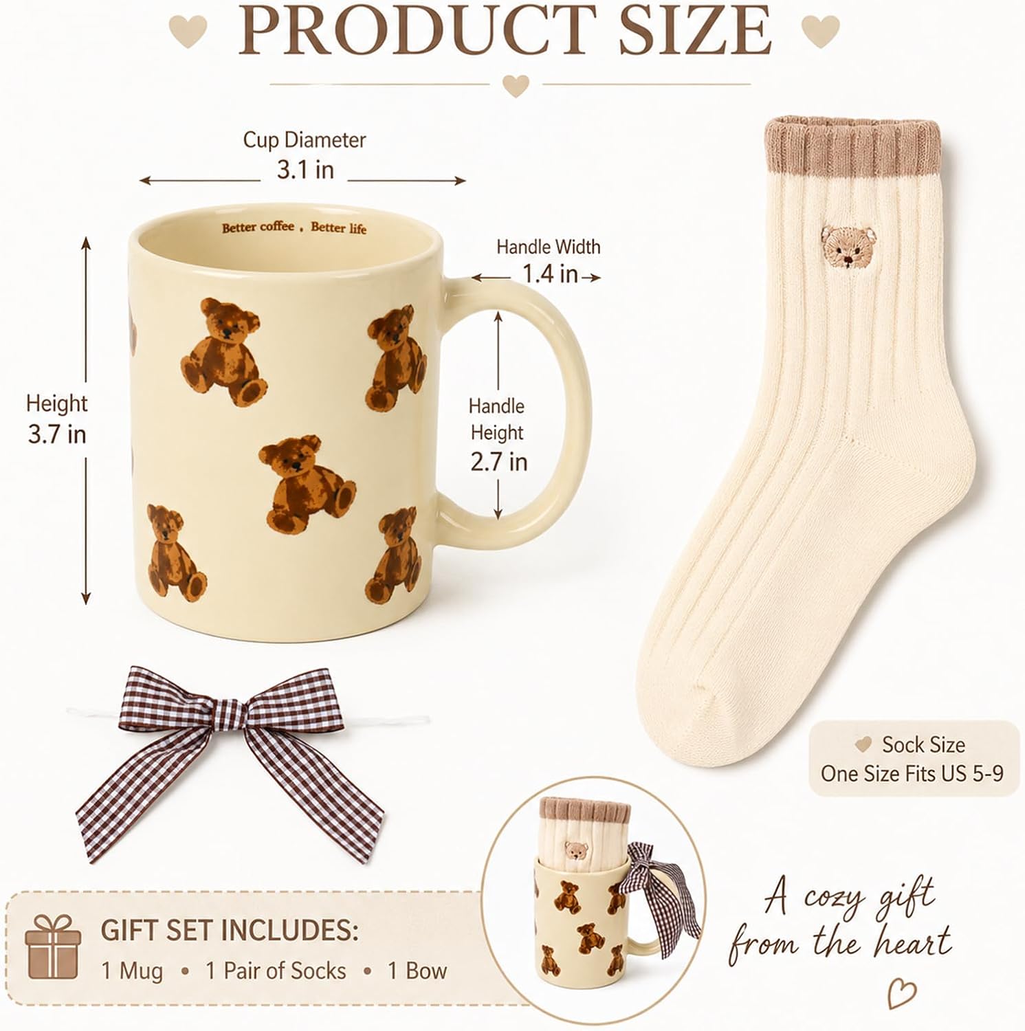 FYSUIMU 3Pcs Cartoon Bear Mug Gift Set, 12oz Coffee Mug, Socks, Ribbon Bow