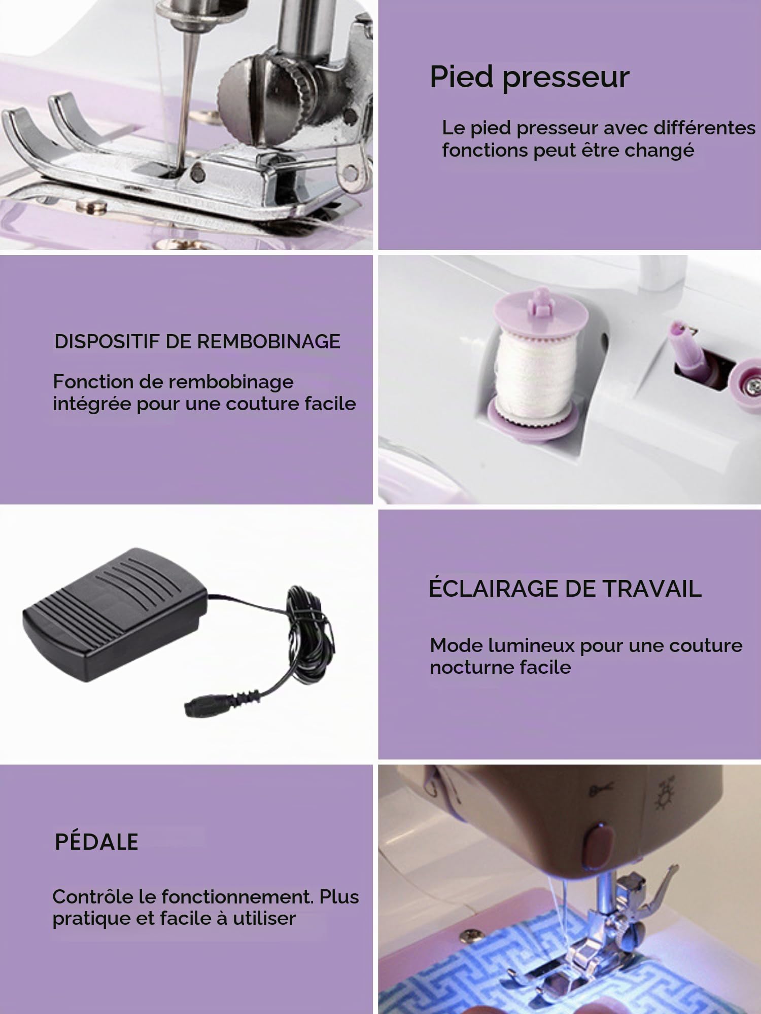 Machine à coudre portable avec 2 vitesses et 12 points. Comprend une pédale, un kit de couture, une lumière de travail et un coupe-fil. Fonctionne avec câble ou piles AA (non incluses)