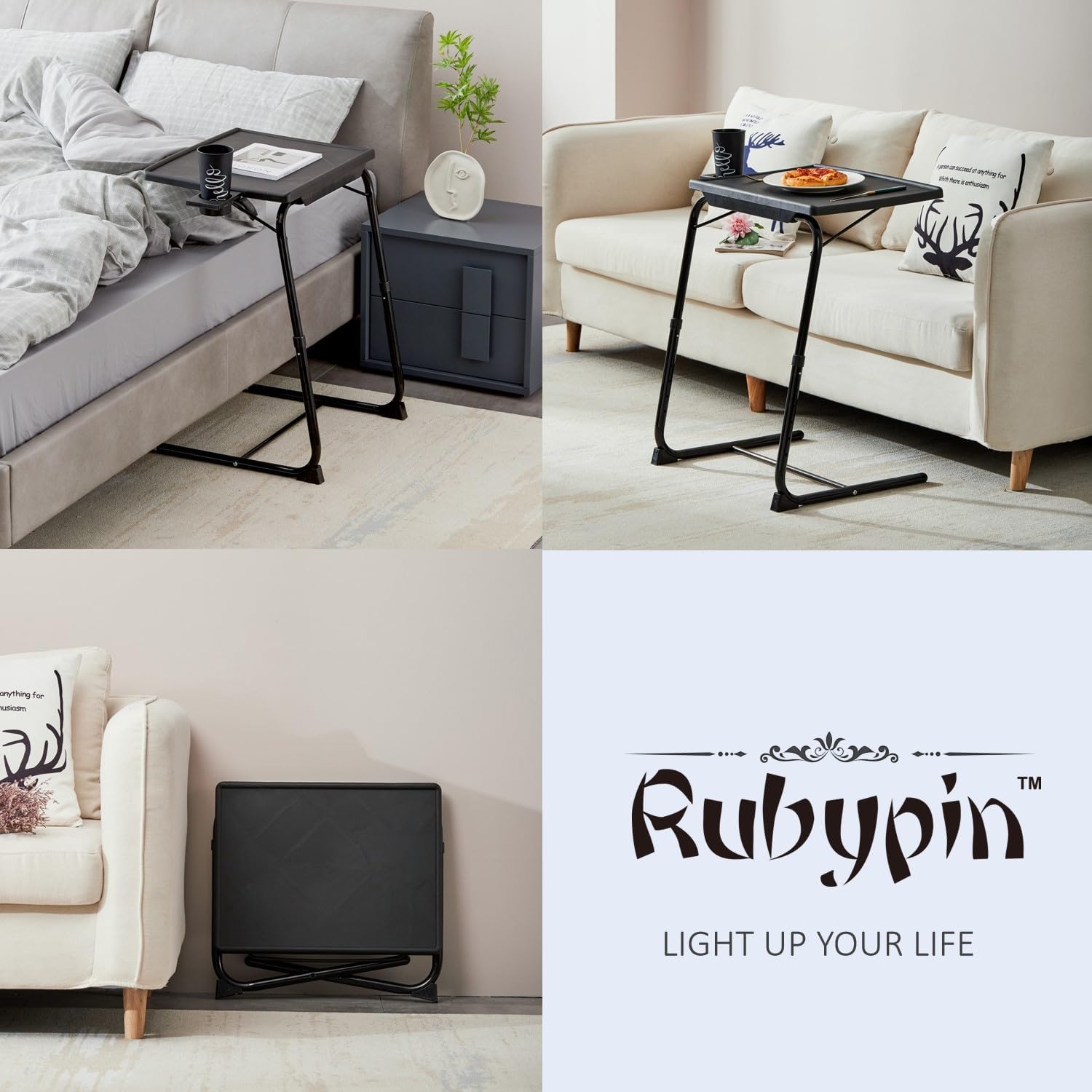 Rubypin Multifunctional TV Tray Table – Adjustable Dinner Folding Table for Bed & Sofa with Cup Holder, 6 Height Settings & 3 Tilt Angles (Black)
