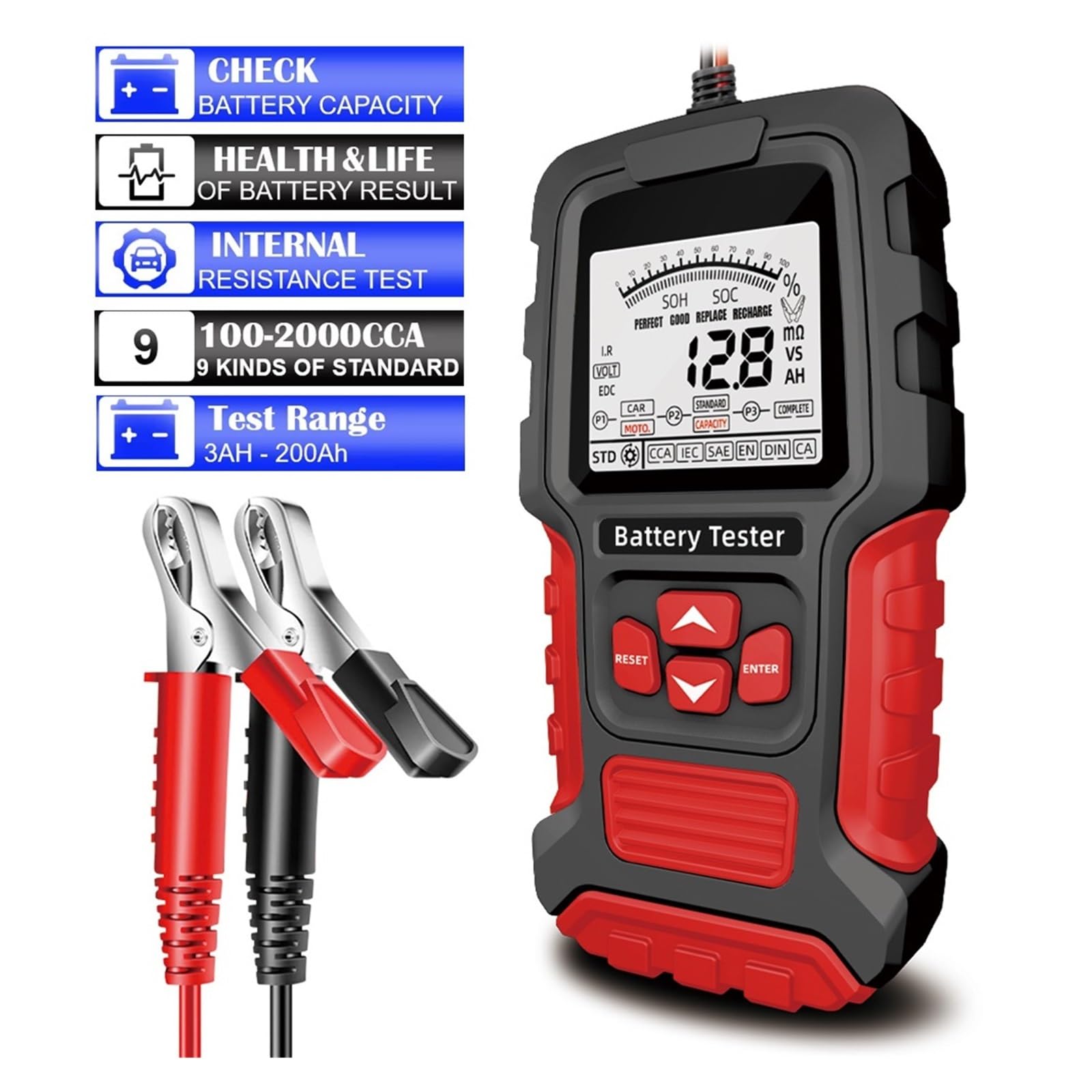 Comprobador de baterias, Probador de batería de coche de 12 V y 24 V, analizador de batería LCD, herienta de prueba, escáner, analizador digital de diagnóstico for coche, camión y motocicleta.