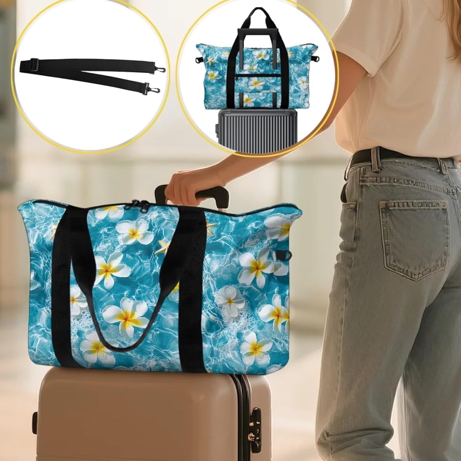 Plumeria Duffle Bags for Traveling Starfish Ocean Lightweight Foldable Weekender Carry On for Women Tropical Flower Large Sports Tote Gym Bag