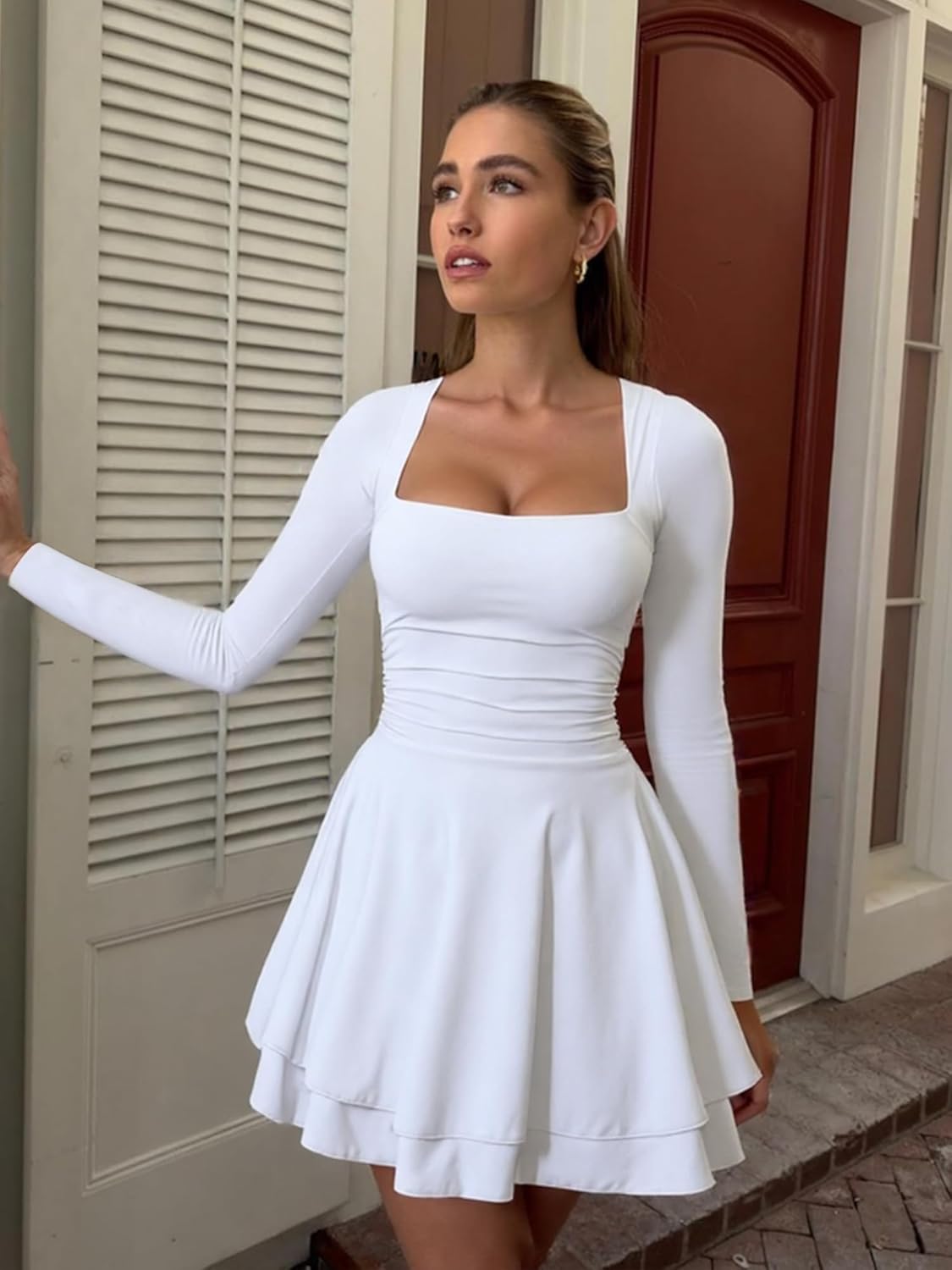 Kaximil Women's Square Neck Ruffle Hem Mini Dress Ruched Waist Long Sleeve Corset Short Party Dresses - Image 4