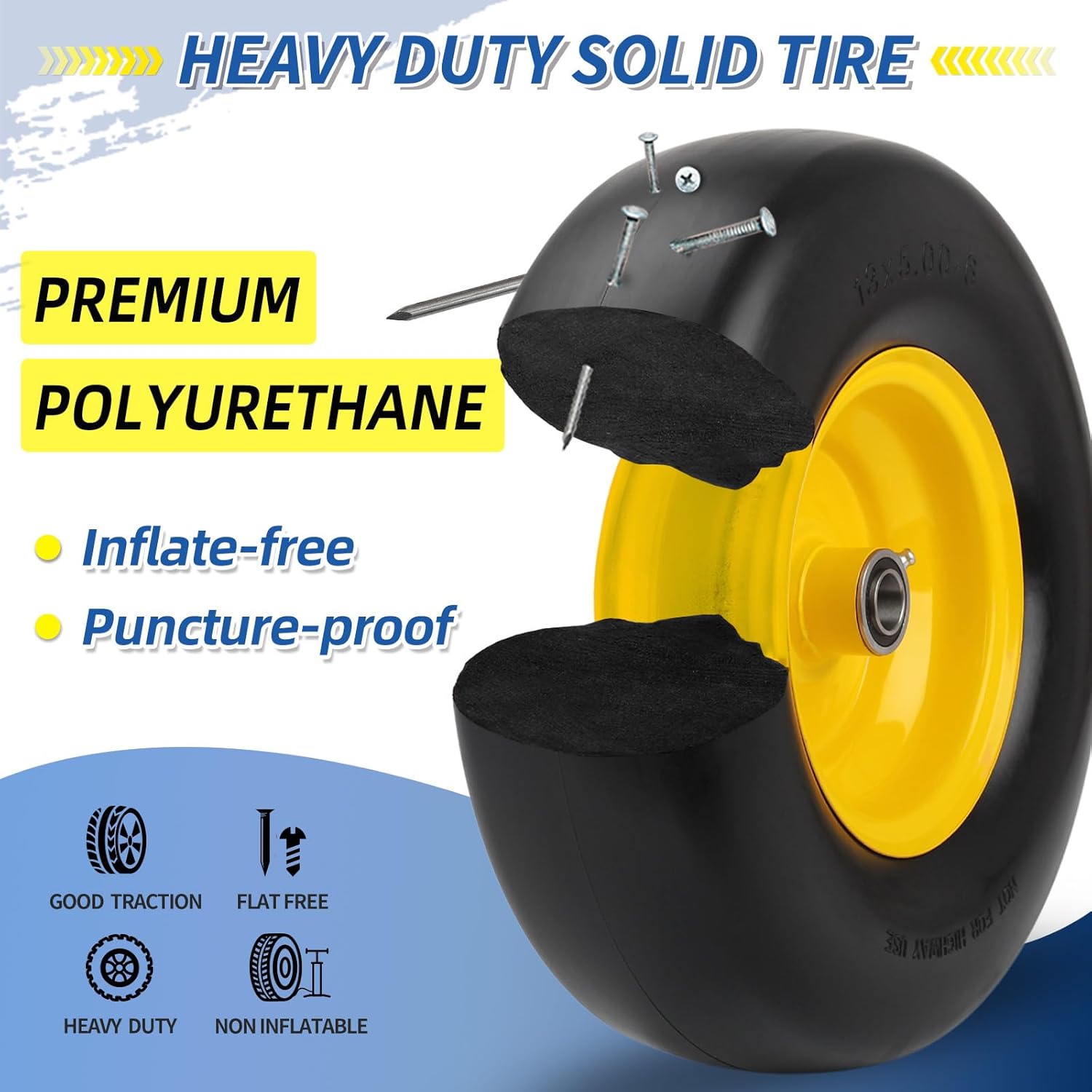 GICOOL 2-Pack 13x5.00-6 Flat Free Lawn Mower Tire and Wheel Assembly, 13" Solid Smooth Tread PU Tire with 3/4" or 5/8" Bearing, 3.25"-5.9" Adjustable Centered Hub for Zero Turn Mowers