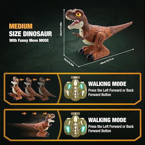 Miniatura 5 de ALLCELE - Juguetes de dinosaurio, tiranosaurio rex RC con luces y música, funciones de demostración automática y pulverización, regalo para niñas y