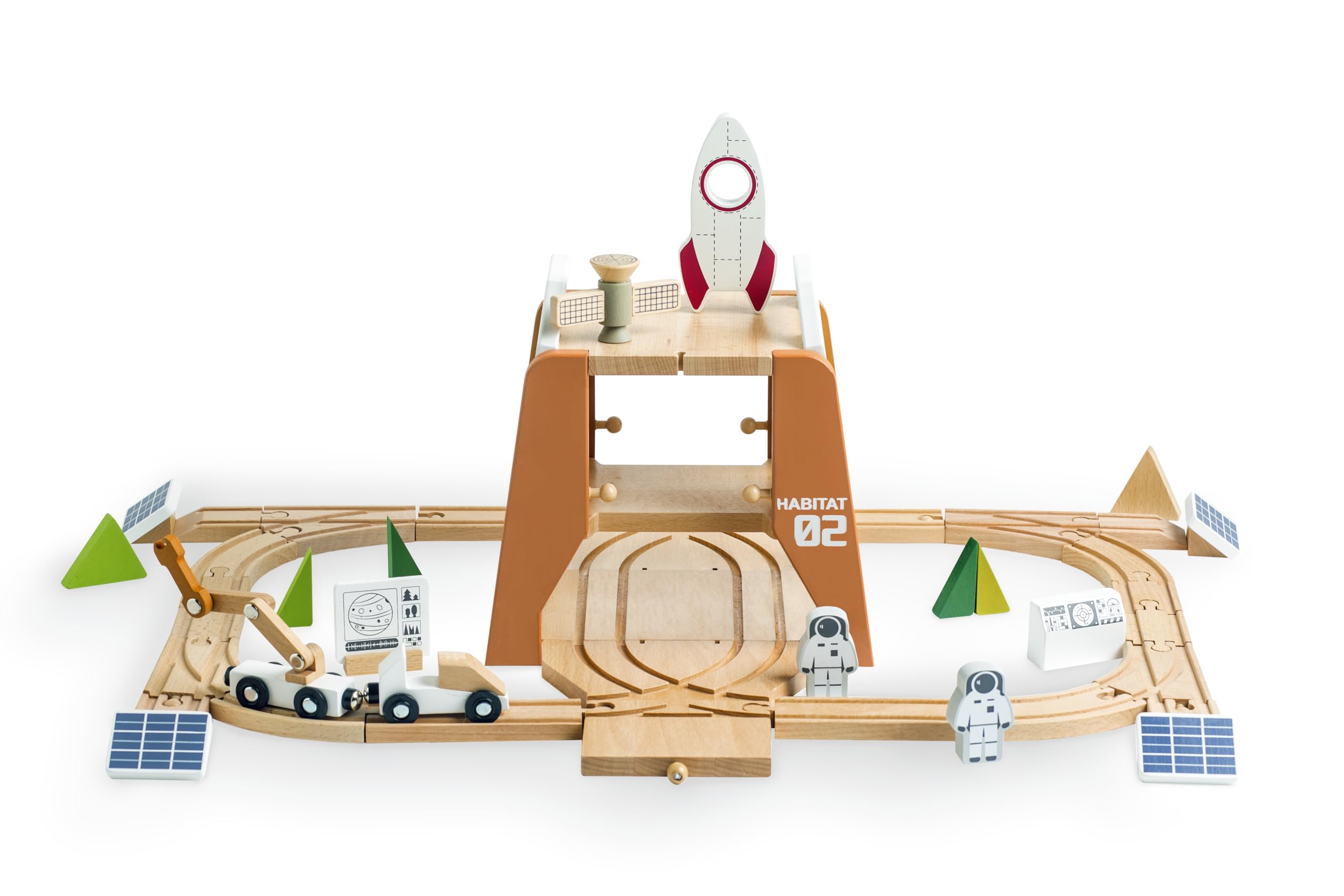 EverEarth Wooden Space Train Set, Mars Station Wood Train Track Set 39pcs, Train Toy with Astronaut and Rocket for Kids 36m+