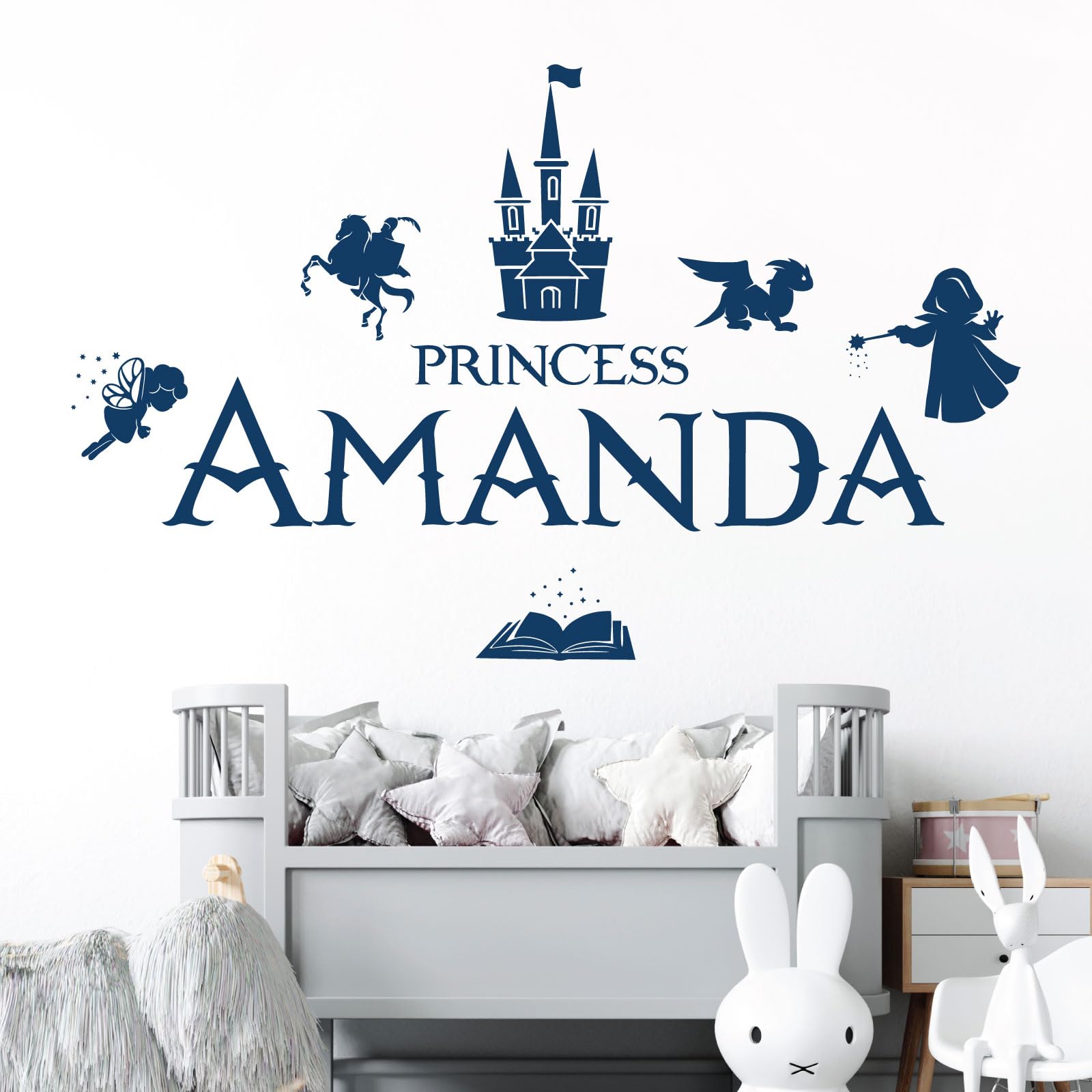 Personalised Name Girls Wall Art Sticker - Princess Castle Dragon Knight Magic Tale Wizard [Large] [Ultramarine]
