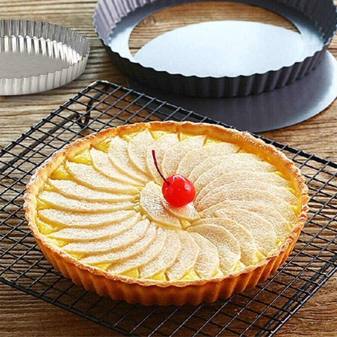 MS Enterprises Set of 3 pcs (8" 9" 10") Almunium Pie Dish Quiche Pan Tart Mould with Removable Bottom for Baking in OTG Oven. 3