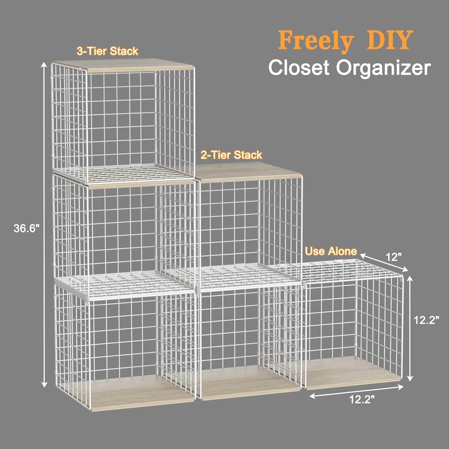 3PCS Stackable Closet Organizers and Storage, Closet Shelves with Wood Top Extra Storage, Clothes Storage Organizer Basket Bin/Cube for Home Wardrobe Organization(White-Sturdy Metal) Patent Pending