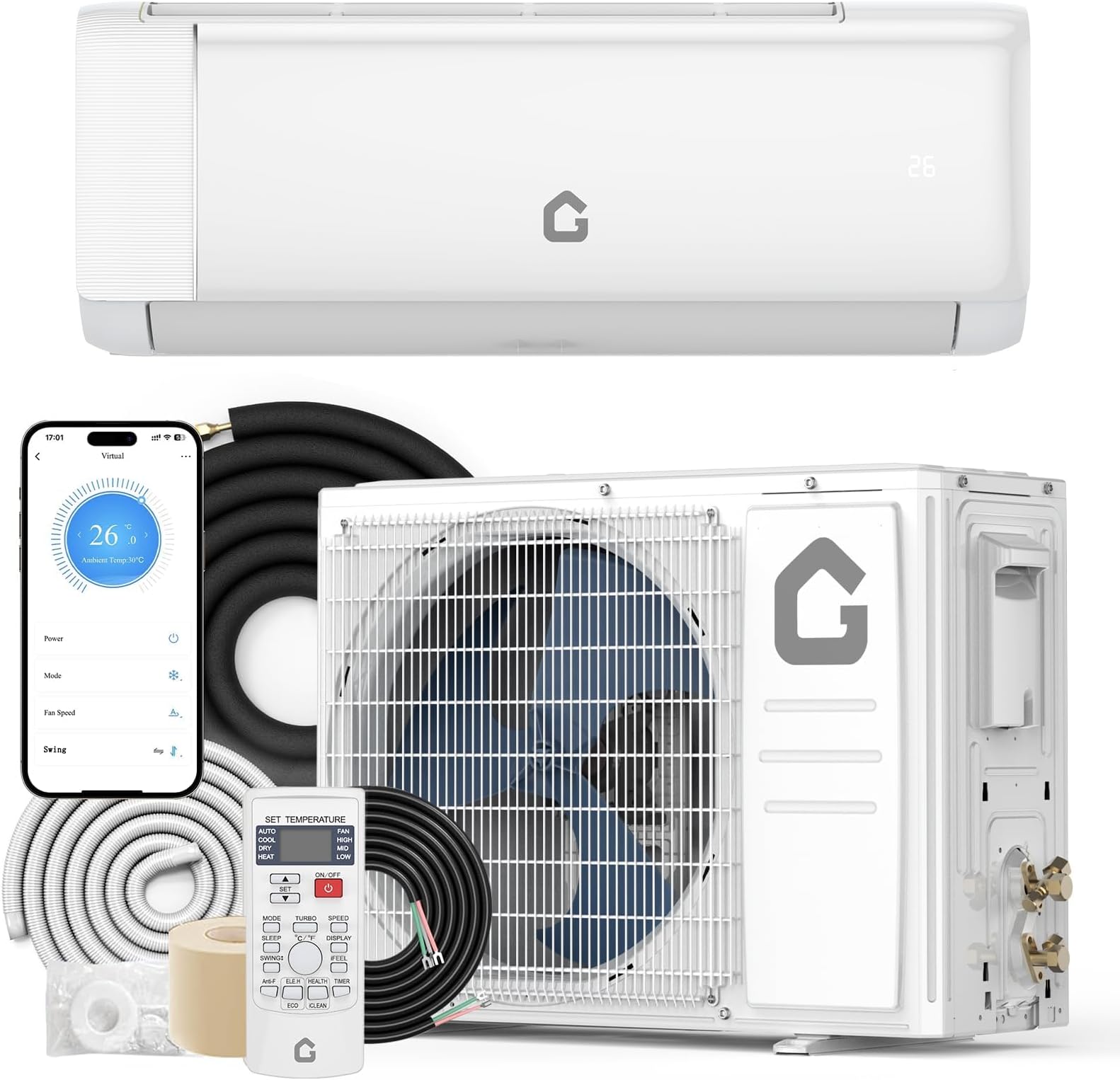 Garvee 9000 BTU Mini Split Air Conditioner and Heater, 18.5 SEER2 Ductless Inverter AC with Heat Pump, Smart WiFi, Remote, Quiet Operation, Complete Installation Kit, Covers Up to 450 Sq.Ft