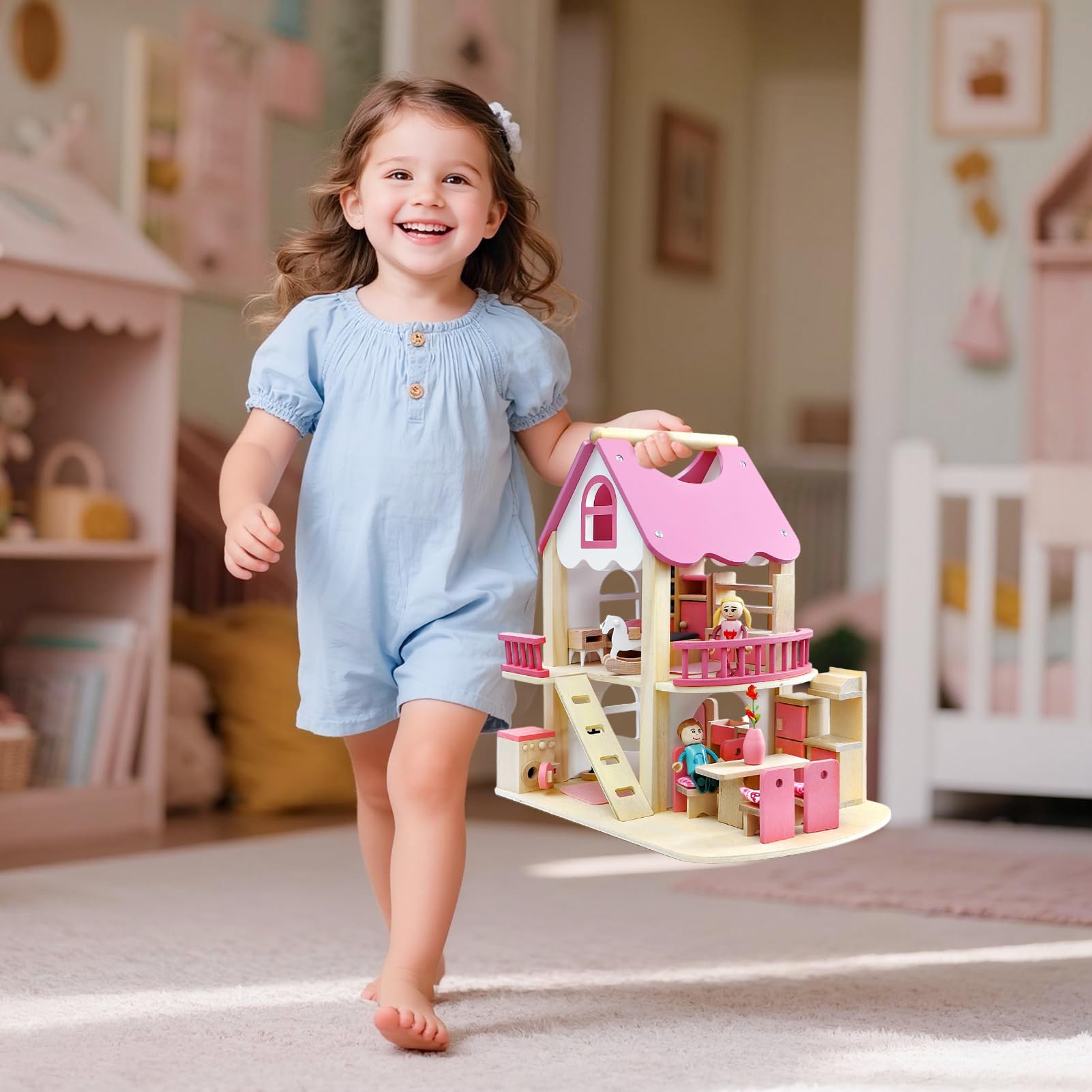 Atoylink Casa de Muñecas Madera con Conjunto Completo de Muebles y Accesorios, 2 Pisos Casita de Muñecas para Niñas con Dormitorio, Baño, Comedor, Piscina, Juguetes Madera Regalo para Niños 3+ Años