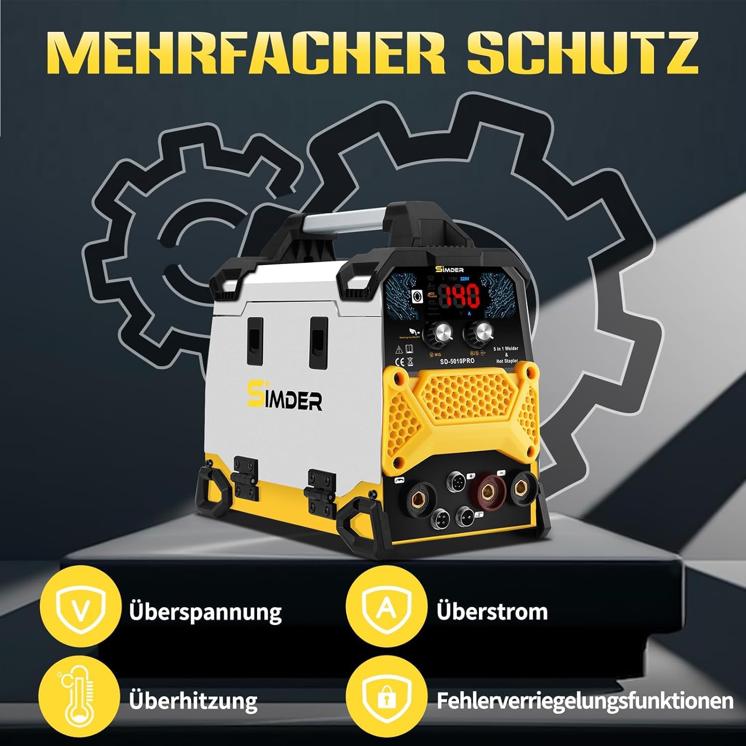 SSimder MIG Schweißgerät 240V 140A, Fülldrahtschweißen/Lift-WIG/MMA/Kunststoffschweißen/Heißklammern, 5-in-1 Schweißmaschine für Heimwerker & industrielle Anwendungen | 5-in-1 MIG Schweißgerät