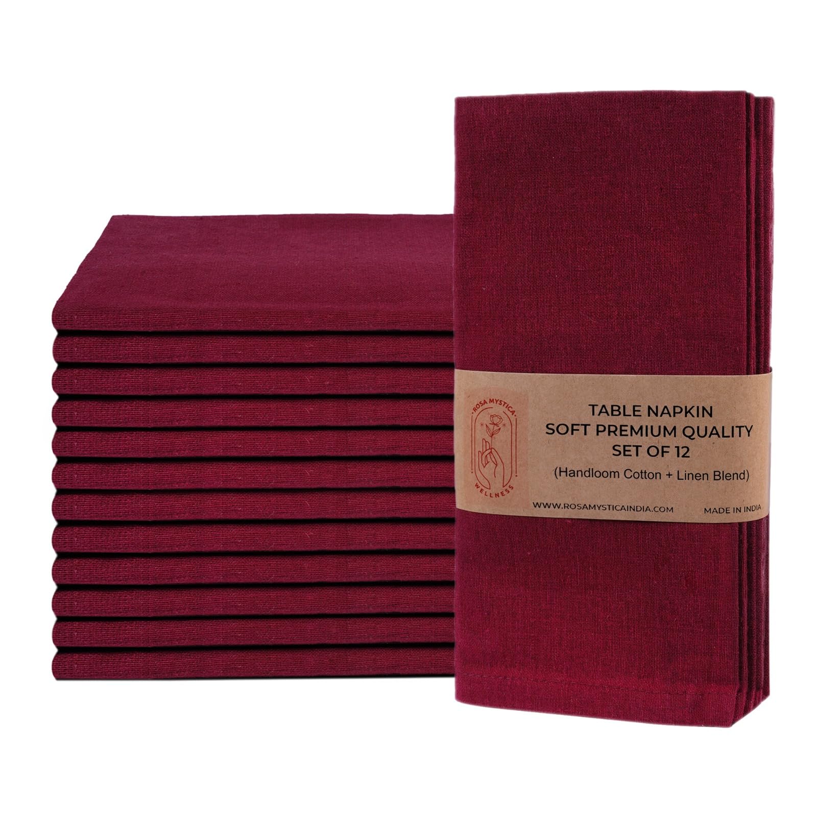 Rosa Mystica Premium Cotton-Linen Table Napkins, 46 x 46 cm, Set of 12, Maroon, Solid Pattern