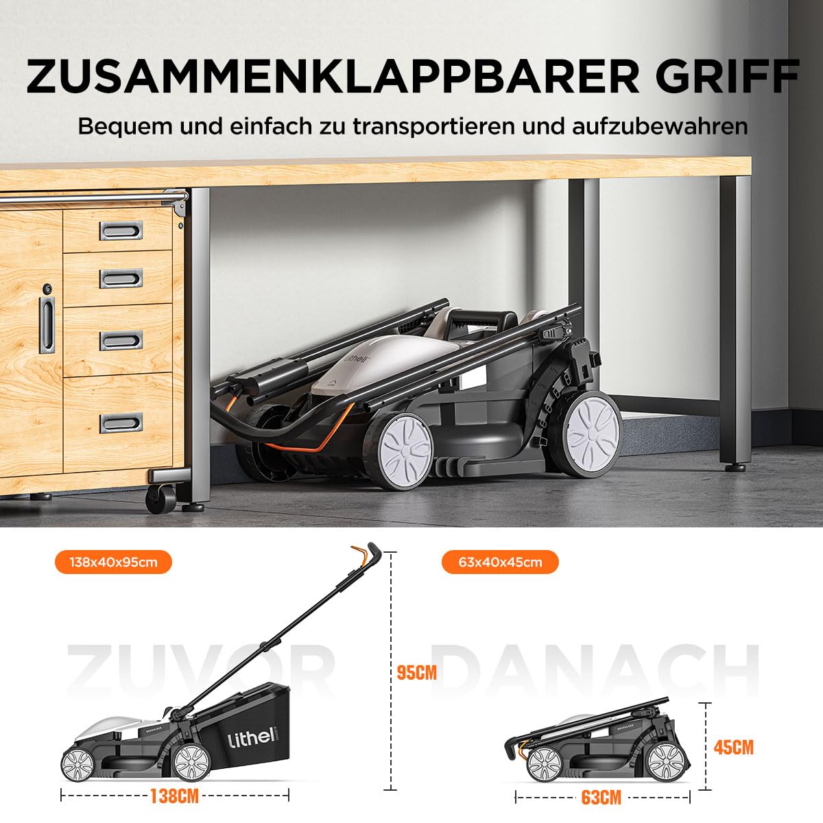 Akumulatorowa kosiarka Litheli, kosiarka do trawy 500㎡ z bezszczotkowym silnikiem elektrycznym, szerokość cięcia 33 cm, pojemność 30 l, wysokość koszenia od 25 mm do 65 mm