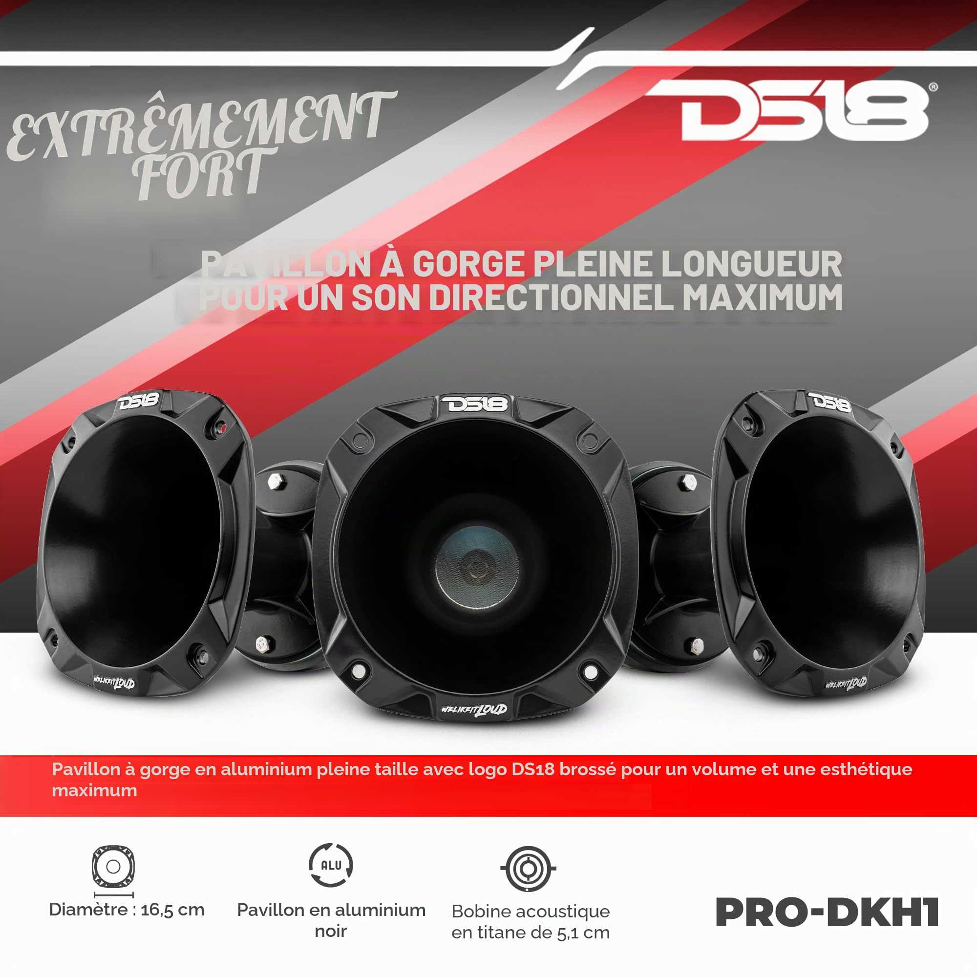 DS18 Pro-DKH1 Pilote de Compression 1000 W 5,1 cm avec klaxon en Aluminium